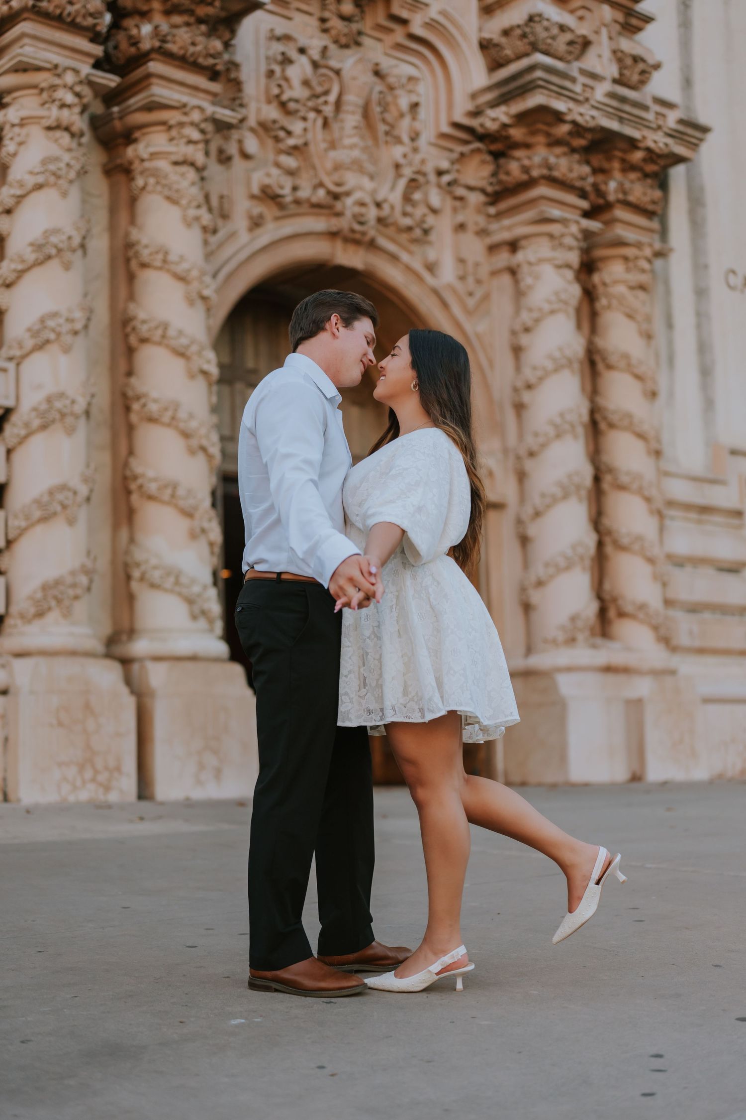 Romantic couple sharing intimate moments against ornate architectural backdrop in sequence of artistic photos.