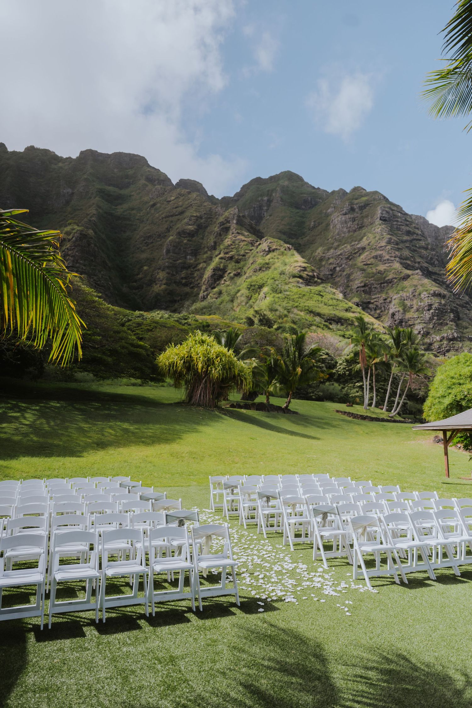 White wedding chairs arranged on a lush green lawn with dramatic mountain peaks and palm trees in Hawaii.