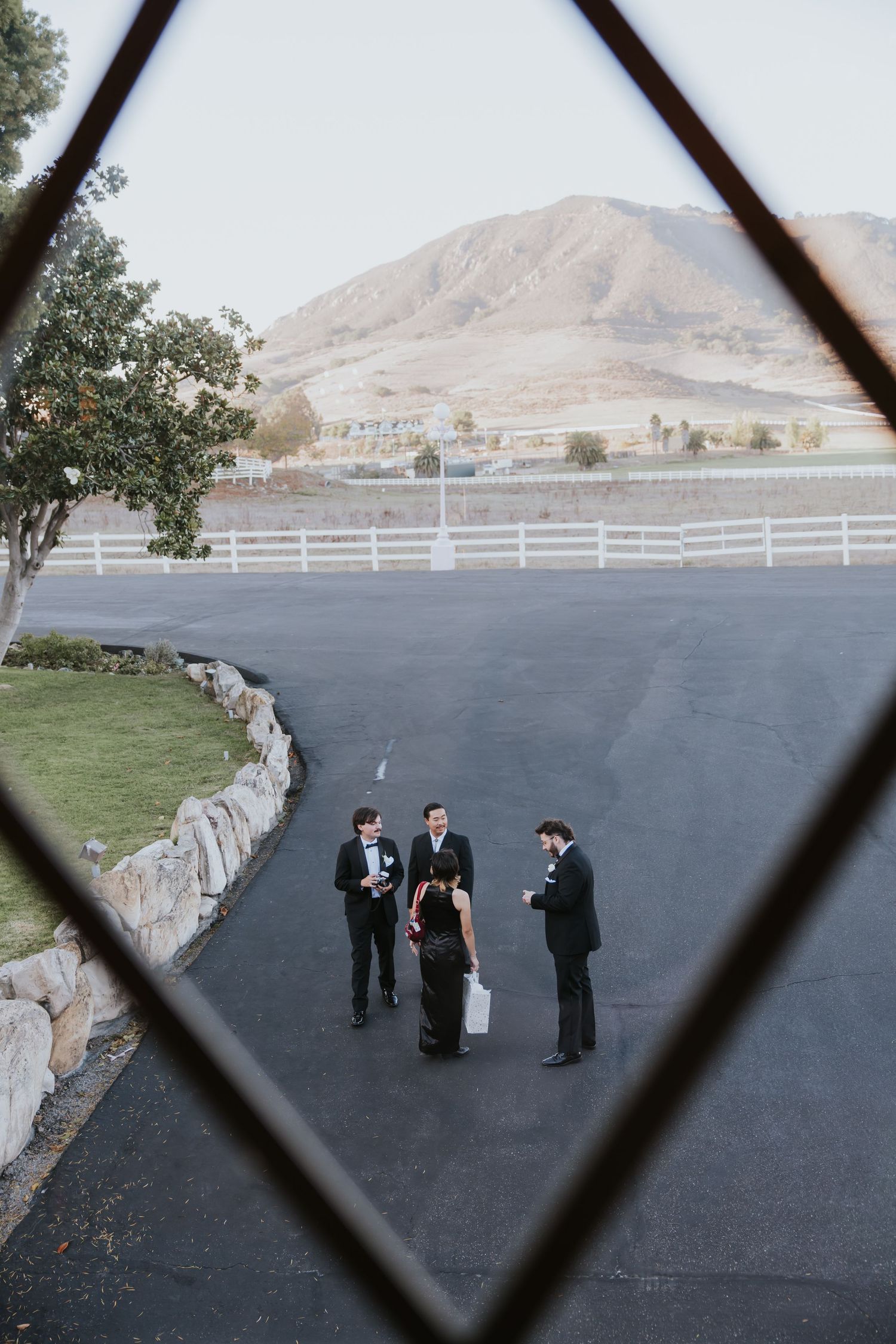 Wedding party gathered on a paved area with white fences and mountain landscape in the background.