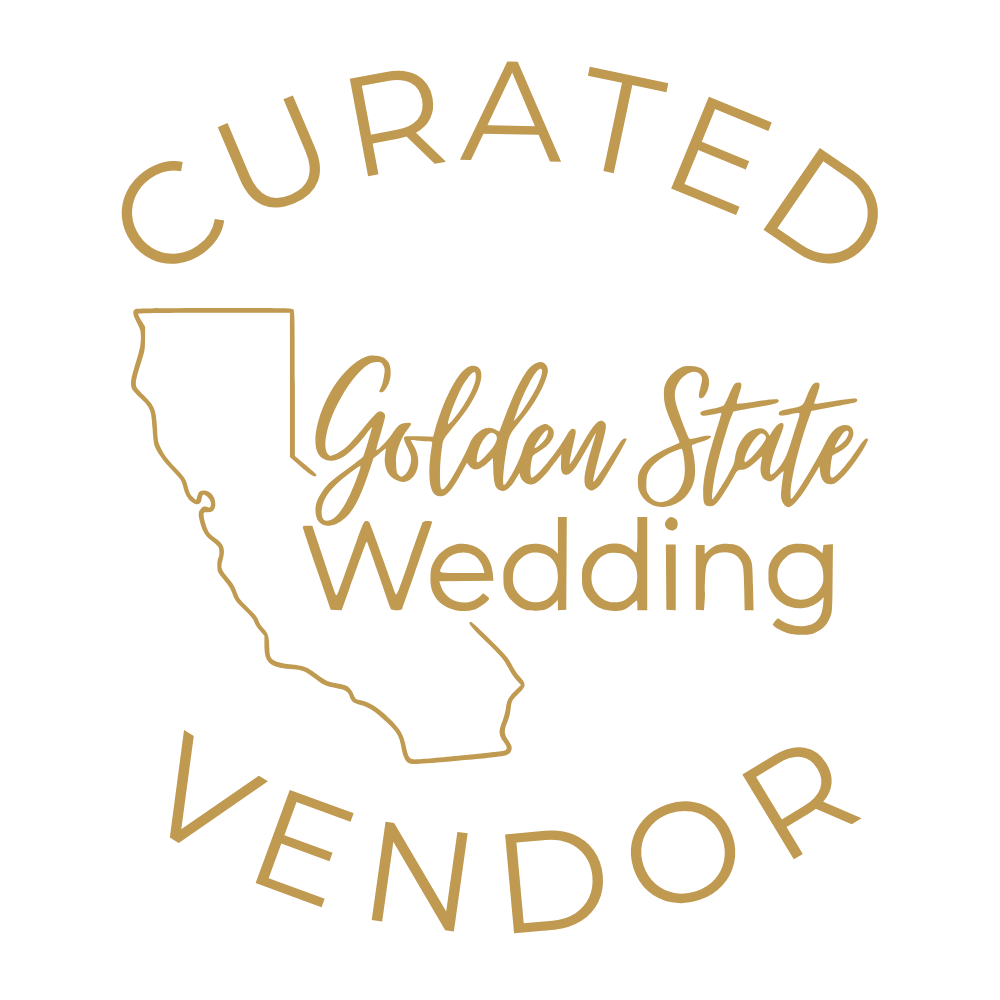 Gold Curated Vendor badge with a California outline and Golden State Wedding script text, marking a trusted wedding vendor.