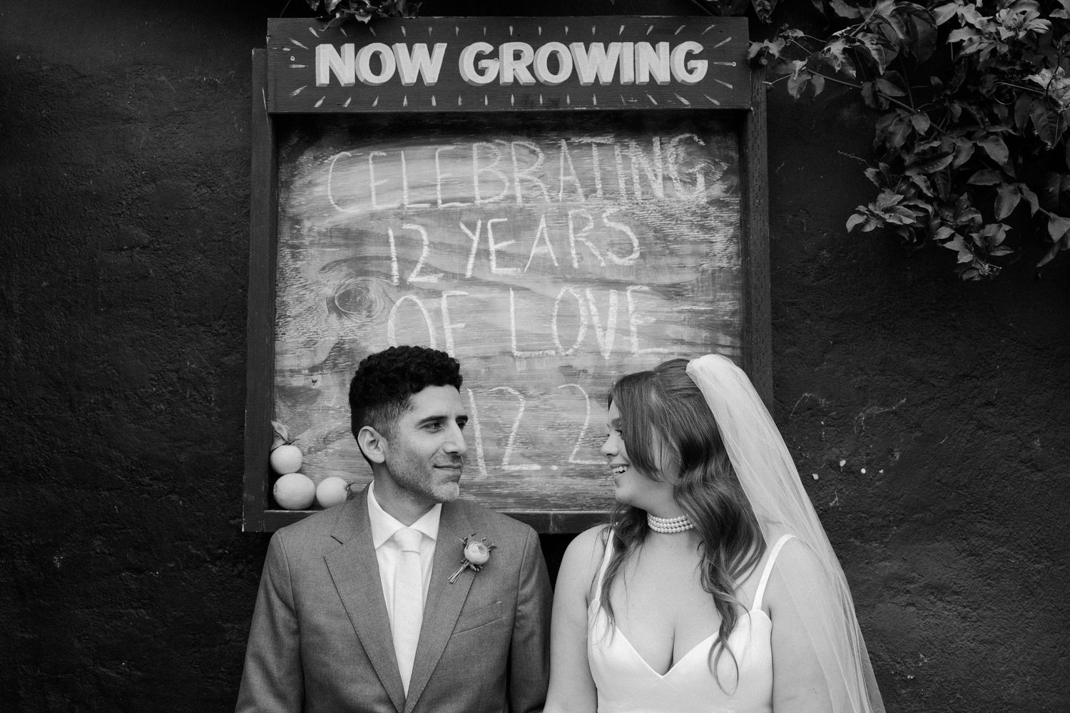 Black and white wedding announcement sign showing timeline milestones.