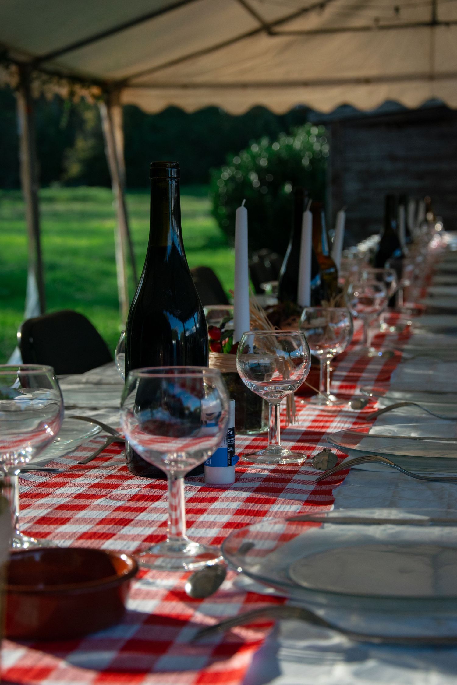 Elegant table setting with wine glasses and bottles under a tent with red checkered runner.