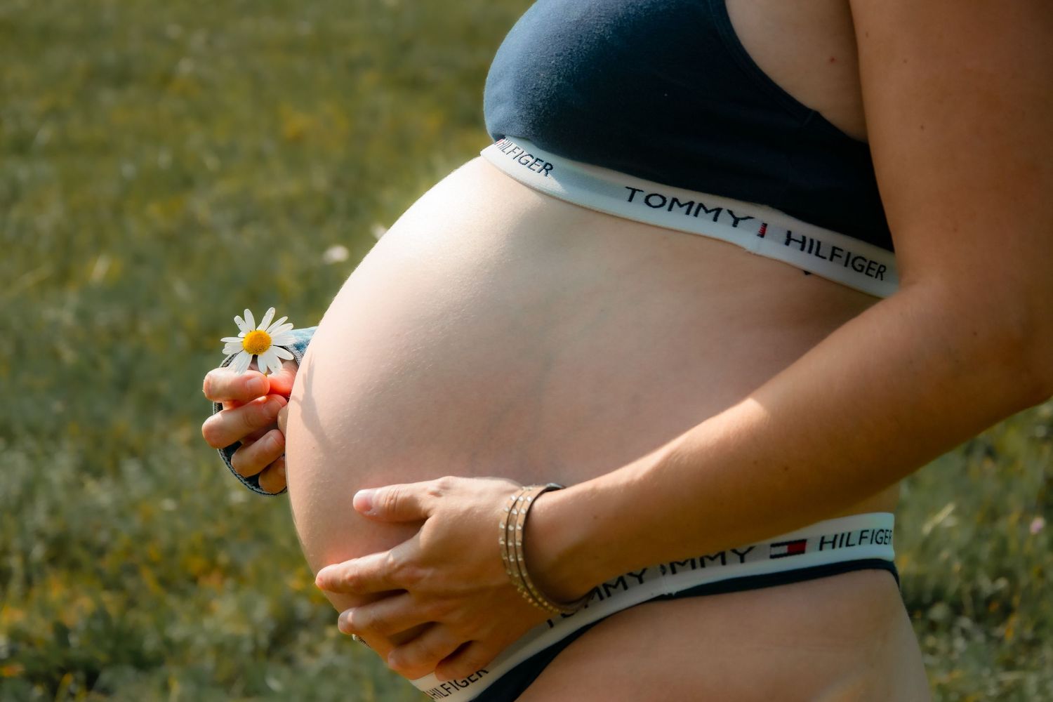 A pregnant belly in Tommy Hilfiger underwear holds a small daisy flower outdoors on green grass.