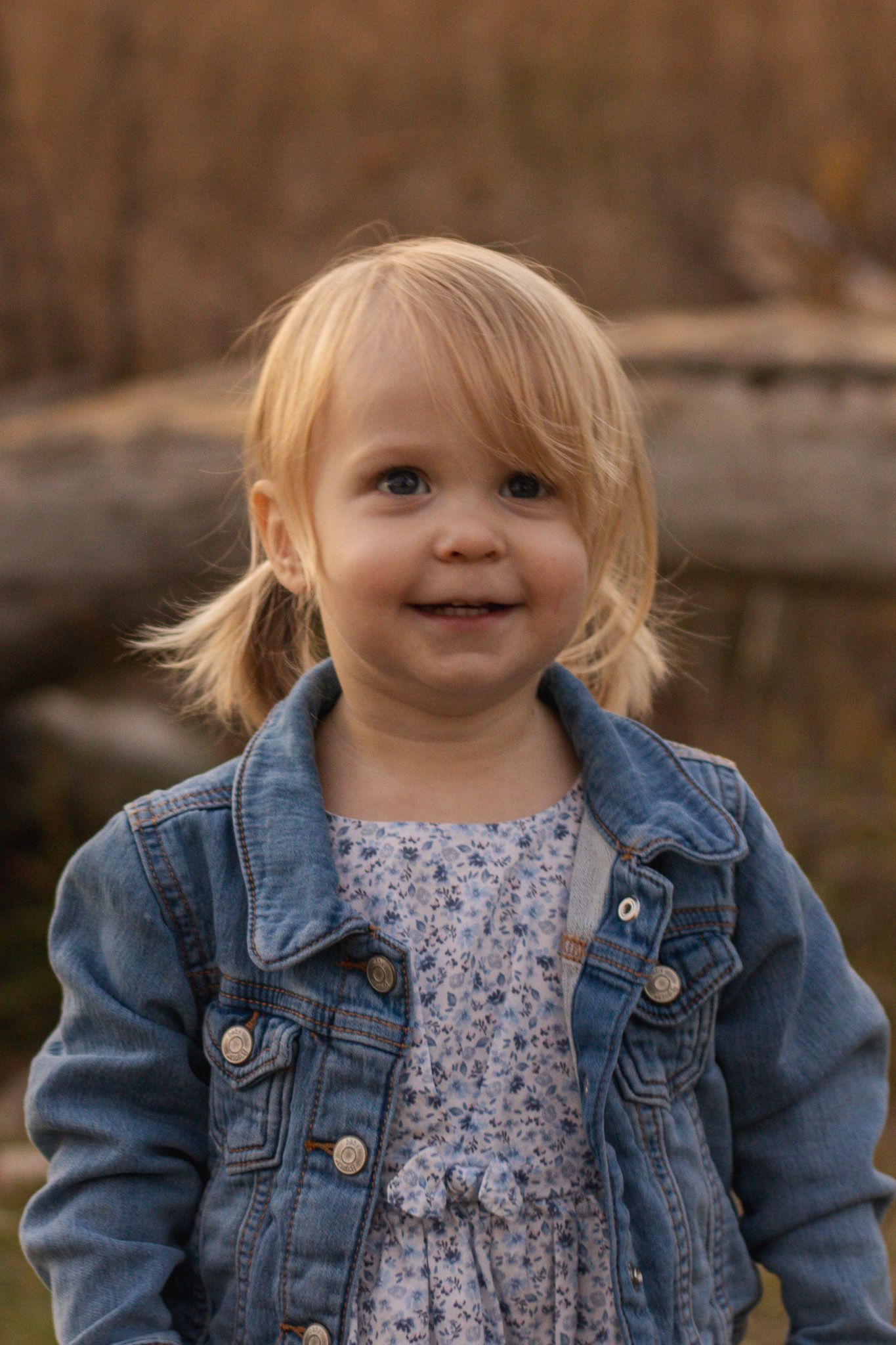 Smiling toddler wearing floral dress and denim jacket with pigtails outdoors at sunset.
