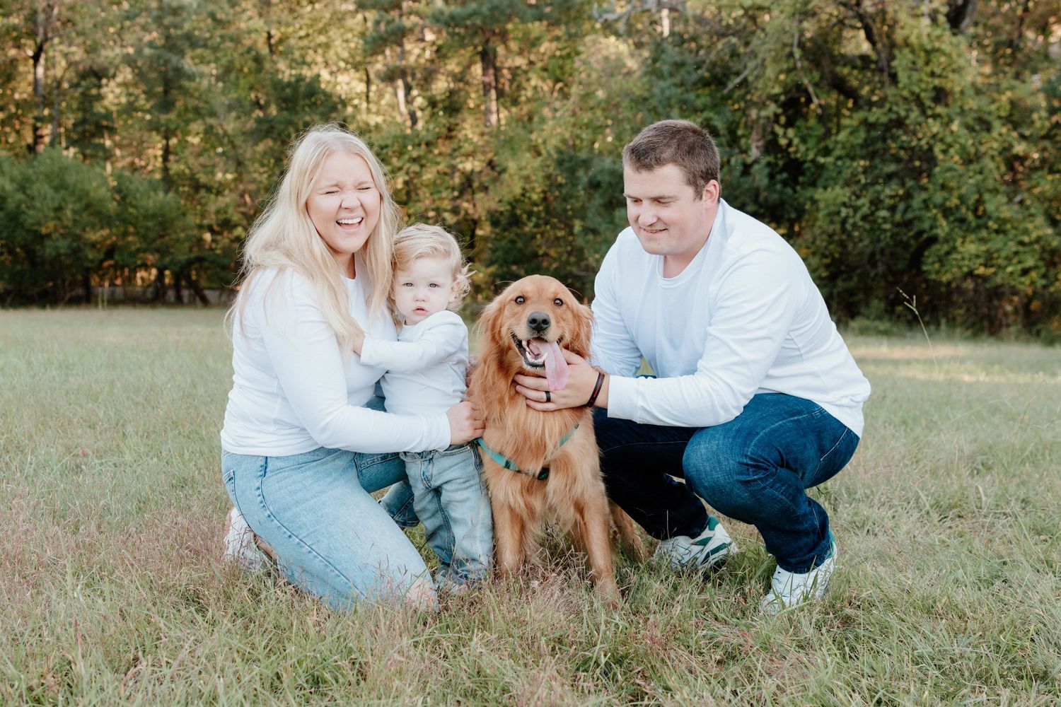 A family and their golden retriever dog enjoy a playful moment together on green grass during an outdoor photo session.