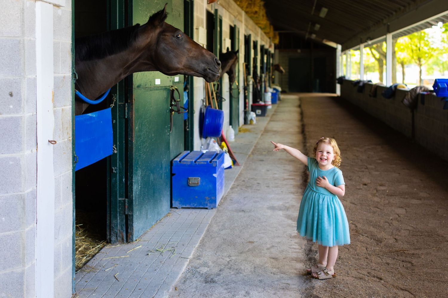 Small child in blue dress walks down an empty covered walkway lined with dark doorways and shadows.