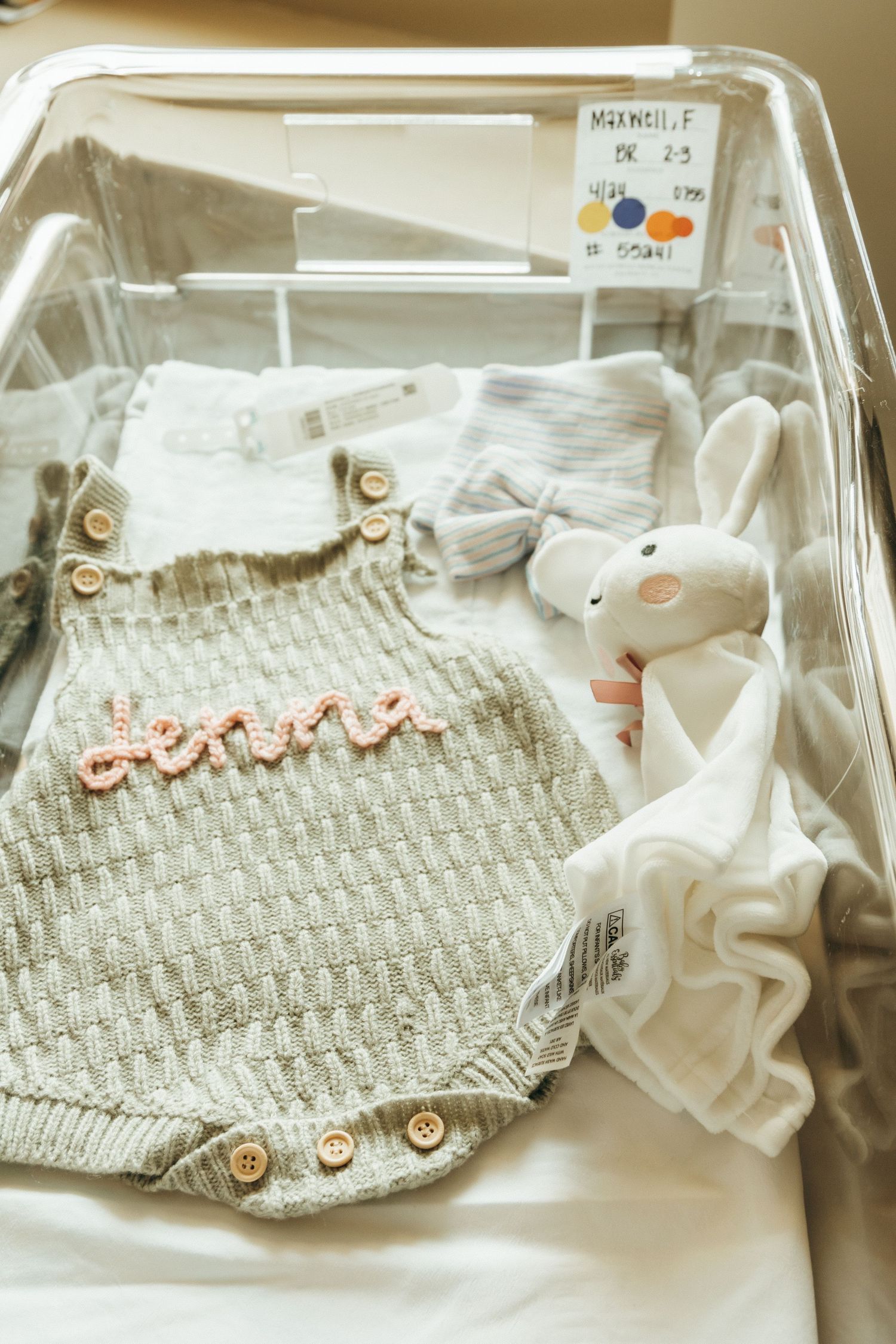 A knitted baby romper with delicate details and a soft stuffed animal toy lay in a white nursery bassinet.