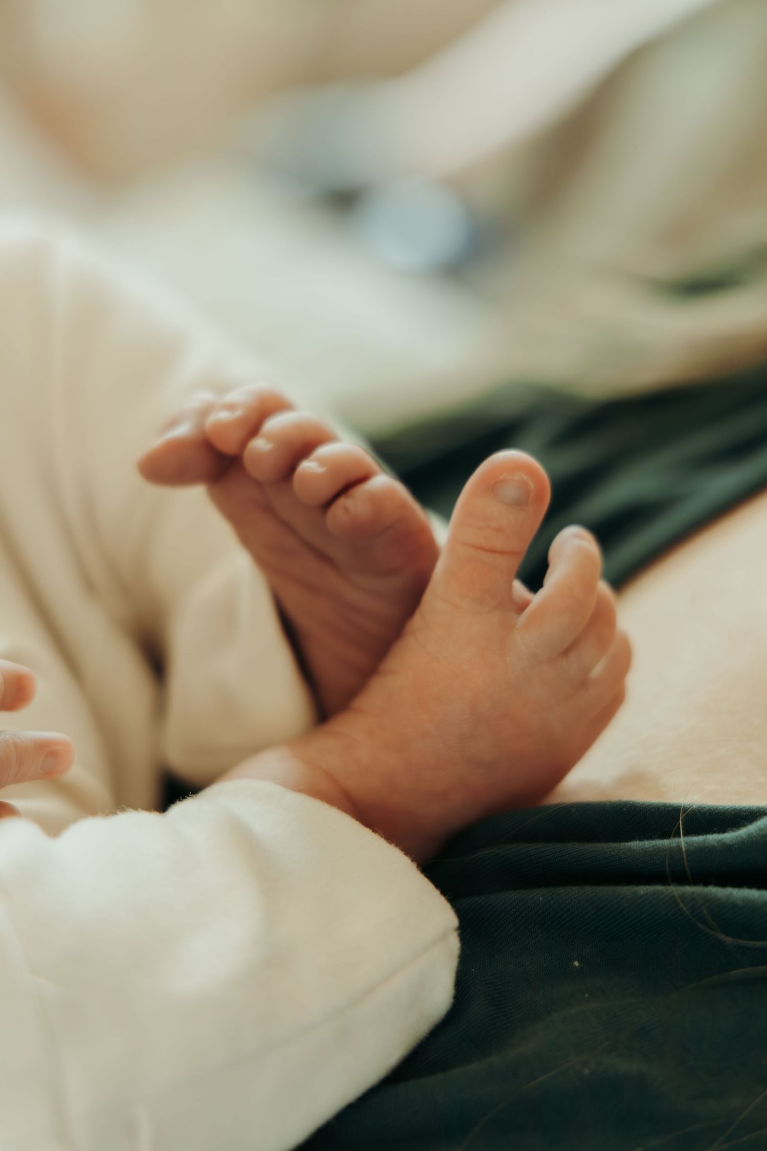 Close-up photo of tiny newborn baby feet resting on dark fabric with soft white blanket.