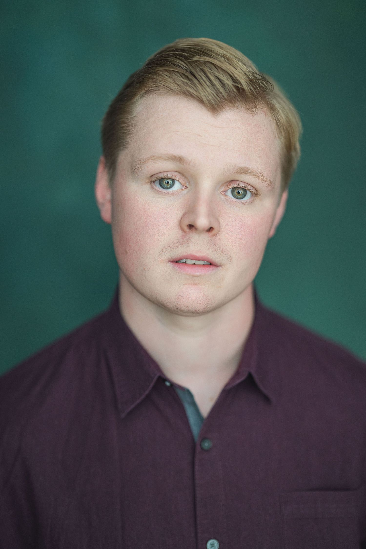 Portrait series showing different expressions and angles against a teal background.