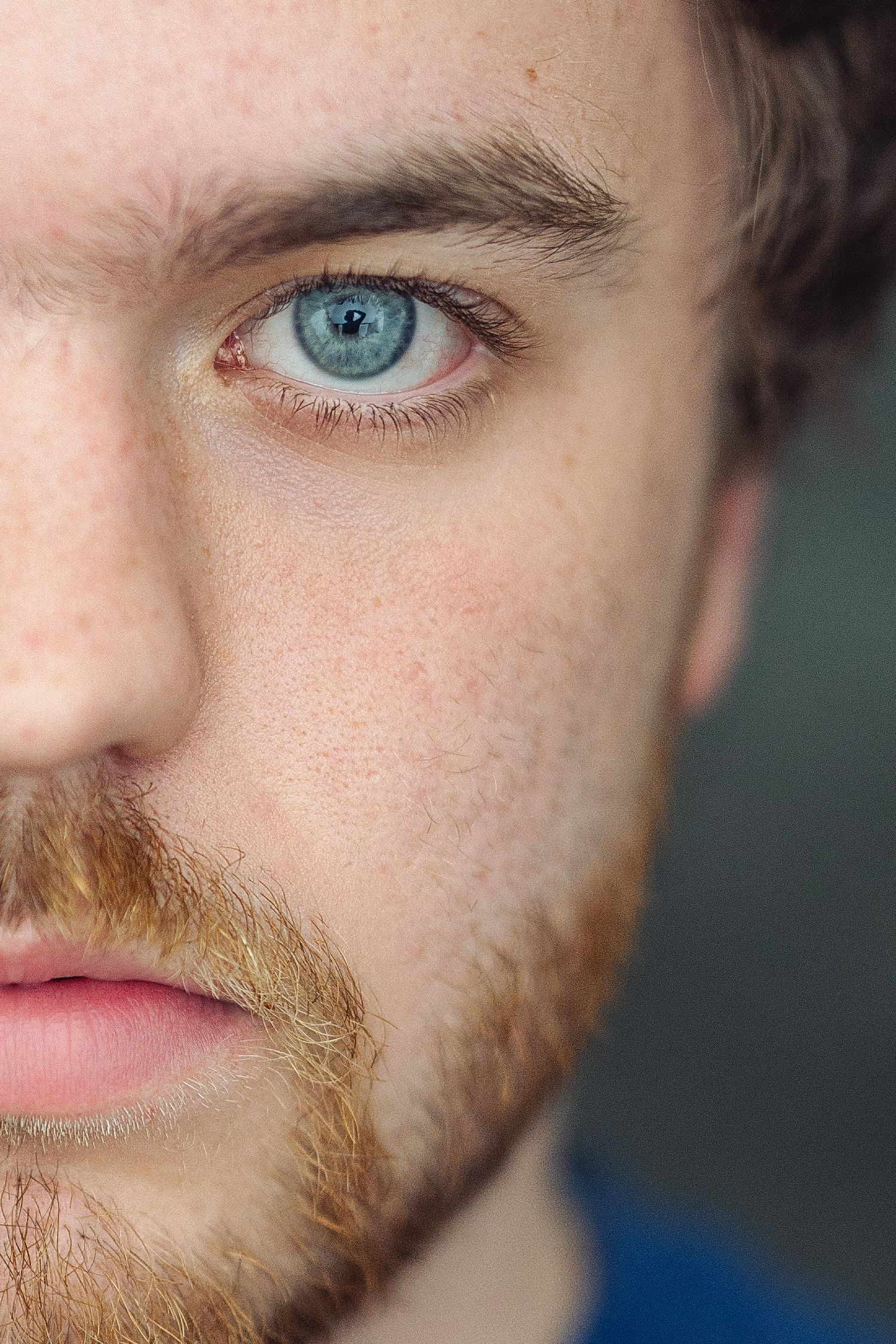 Close-up portrait of a young man with blue eyes, red beard, and freckles against a blurred background.