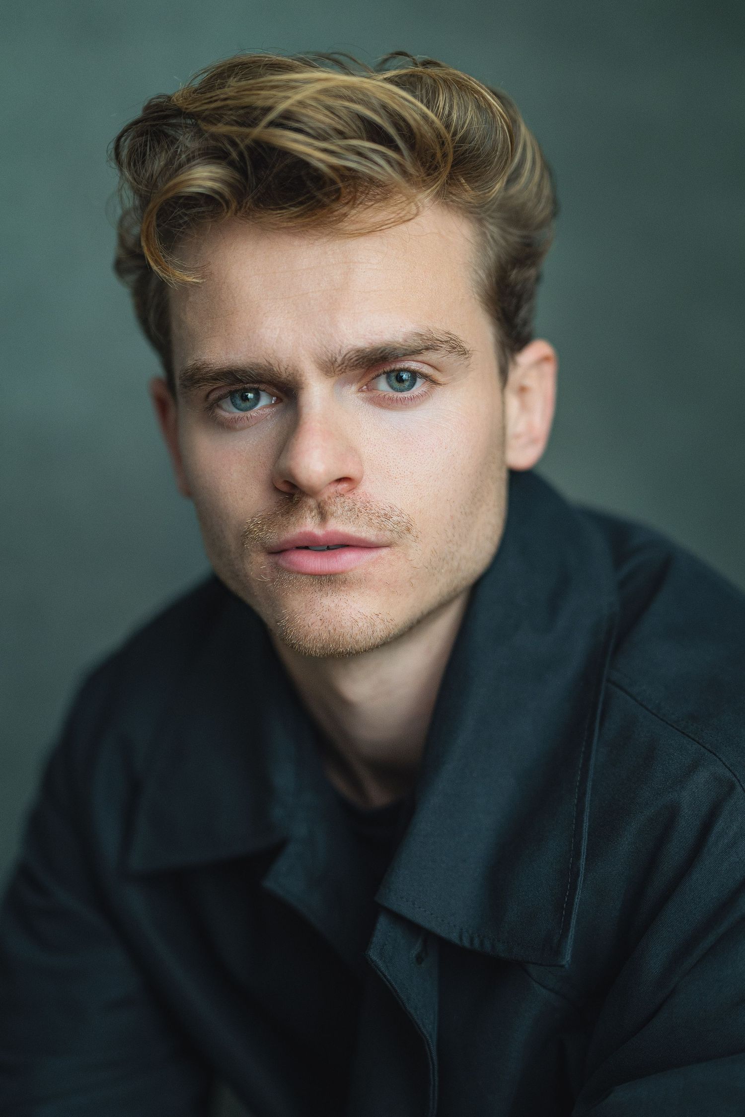 Artistic portrait series showing different angles and expressions in moody teal lighting against dark background.