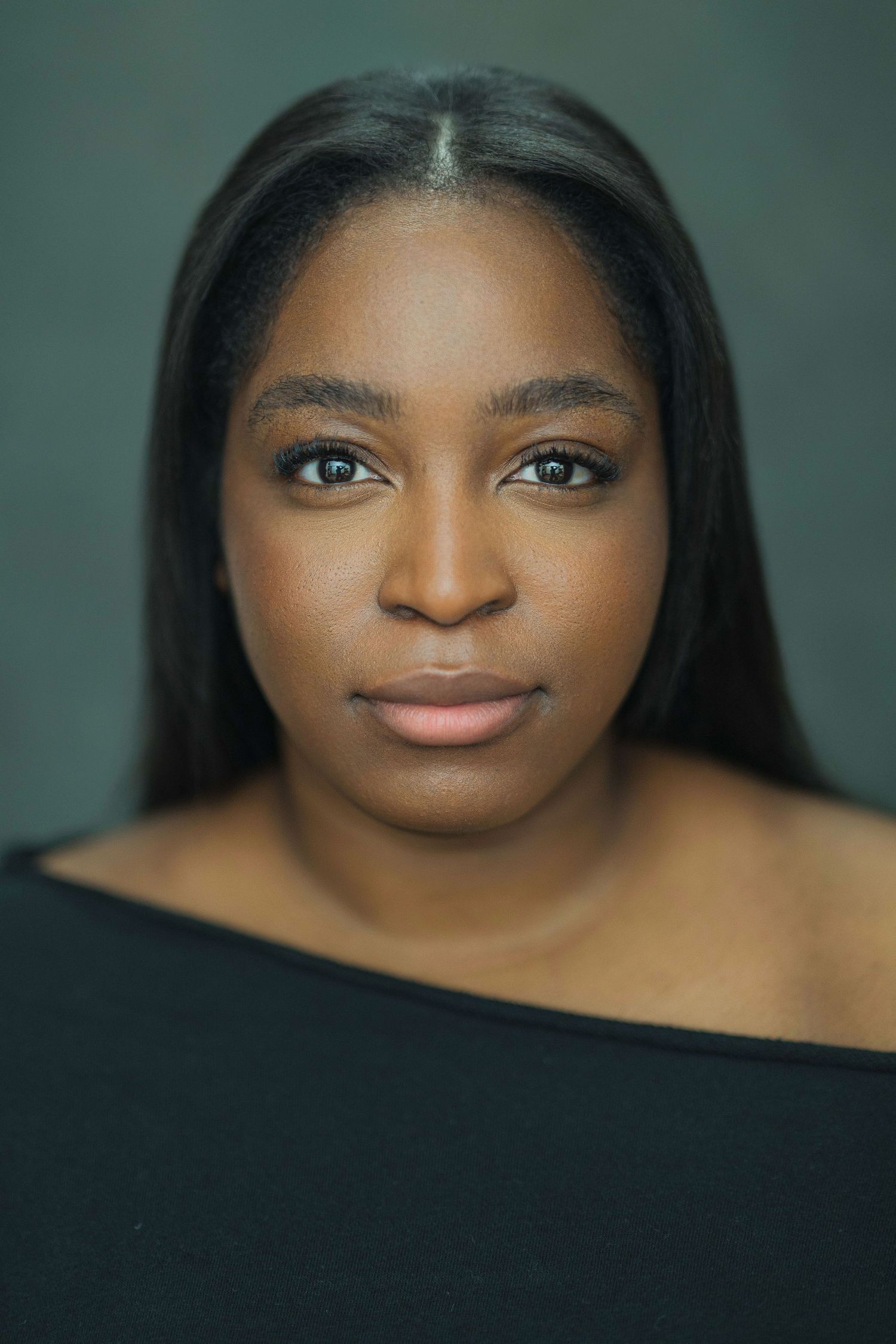 A series of close-up beauty portraits showing different angles and expressions against a dark teal background.