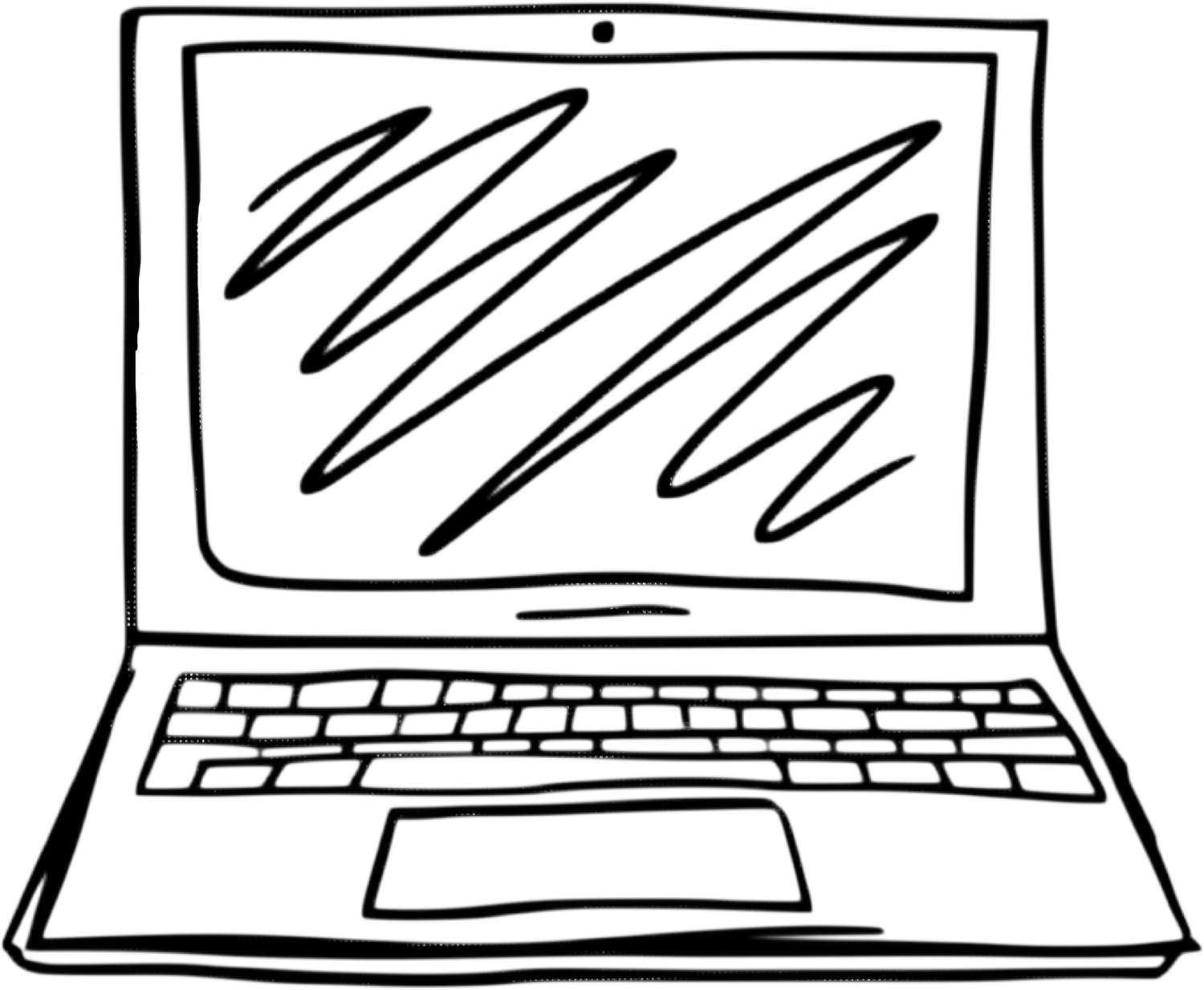 Black and white hand-drawn sketch illustration of an open laptop computer with scribbles on screen.