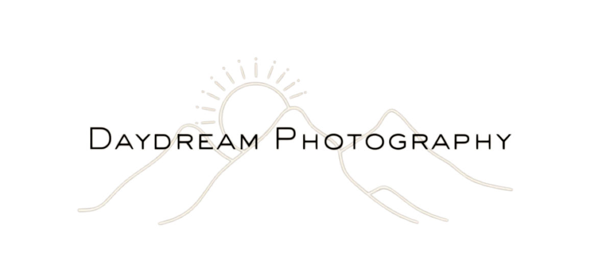 Daydream Photography logo with minimalist sun and mountain line art design on white background.