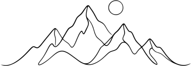 Minimalist continuous line drawing of mountain peaks with a sun, elegant simple outline art style.