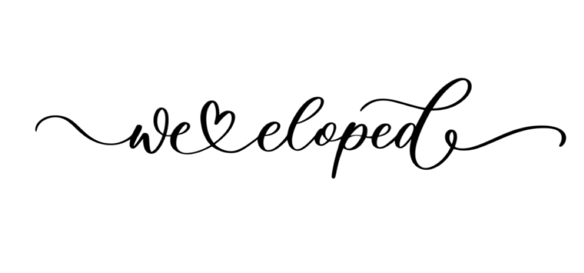 Elegant black calligraphy script reading we eloped with a heart symbol on white background.