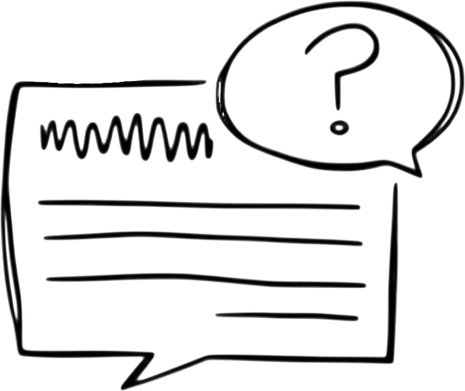Hand-drawn speech bubble with squiggly text lines and a question mark bubble, representing FAQ or inquiry concept.