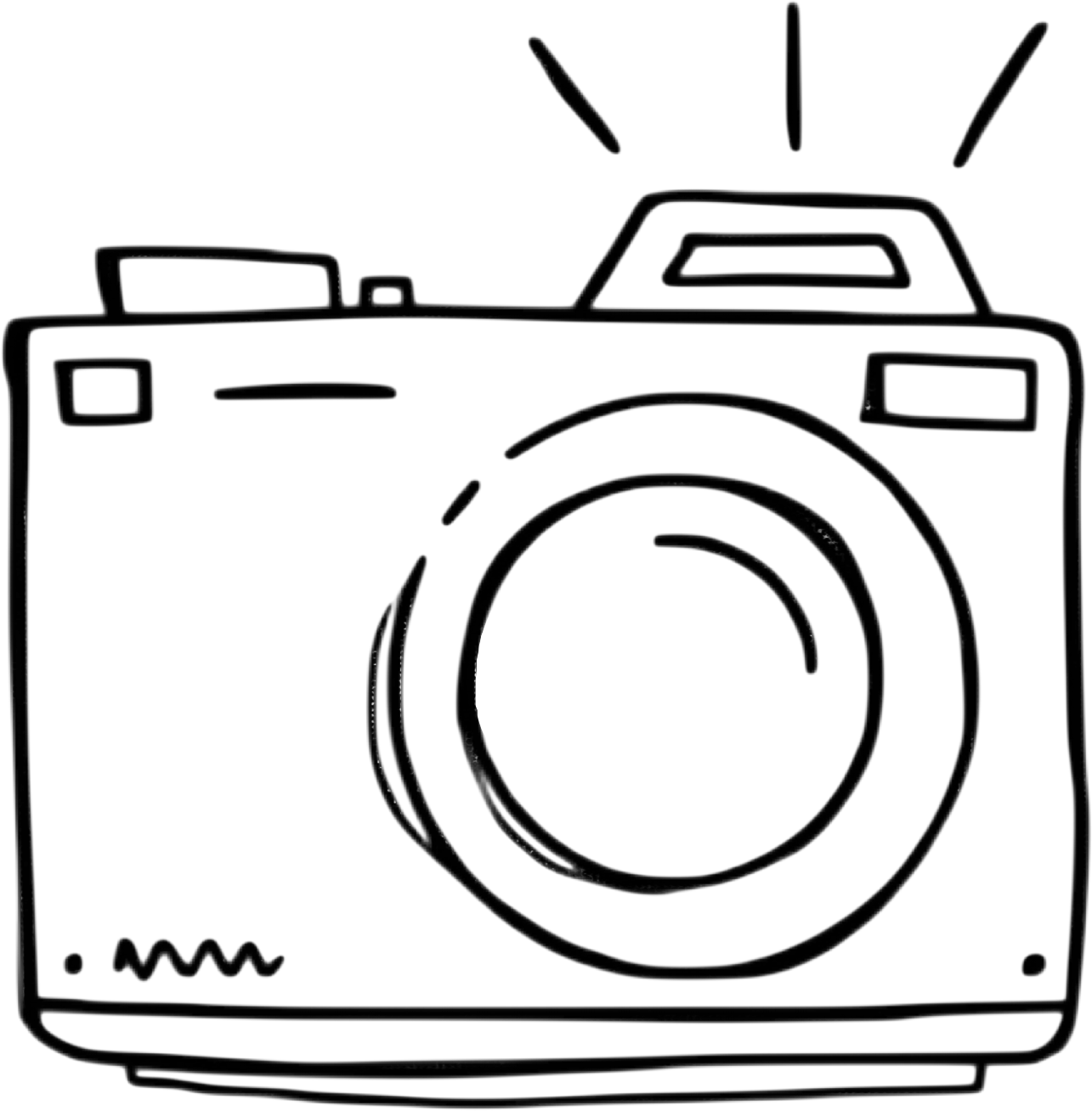 Black and white doodle illustration of a compact camera with flash and lens detail.