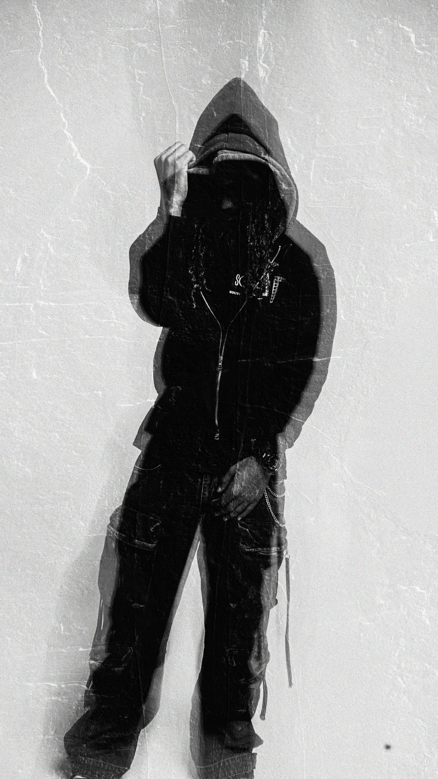 High contrast black and white sequence showing silhouetted legs in dark clothing.