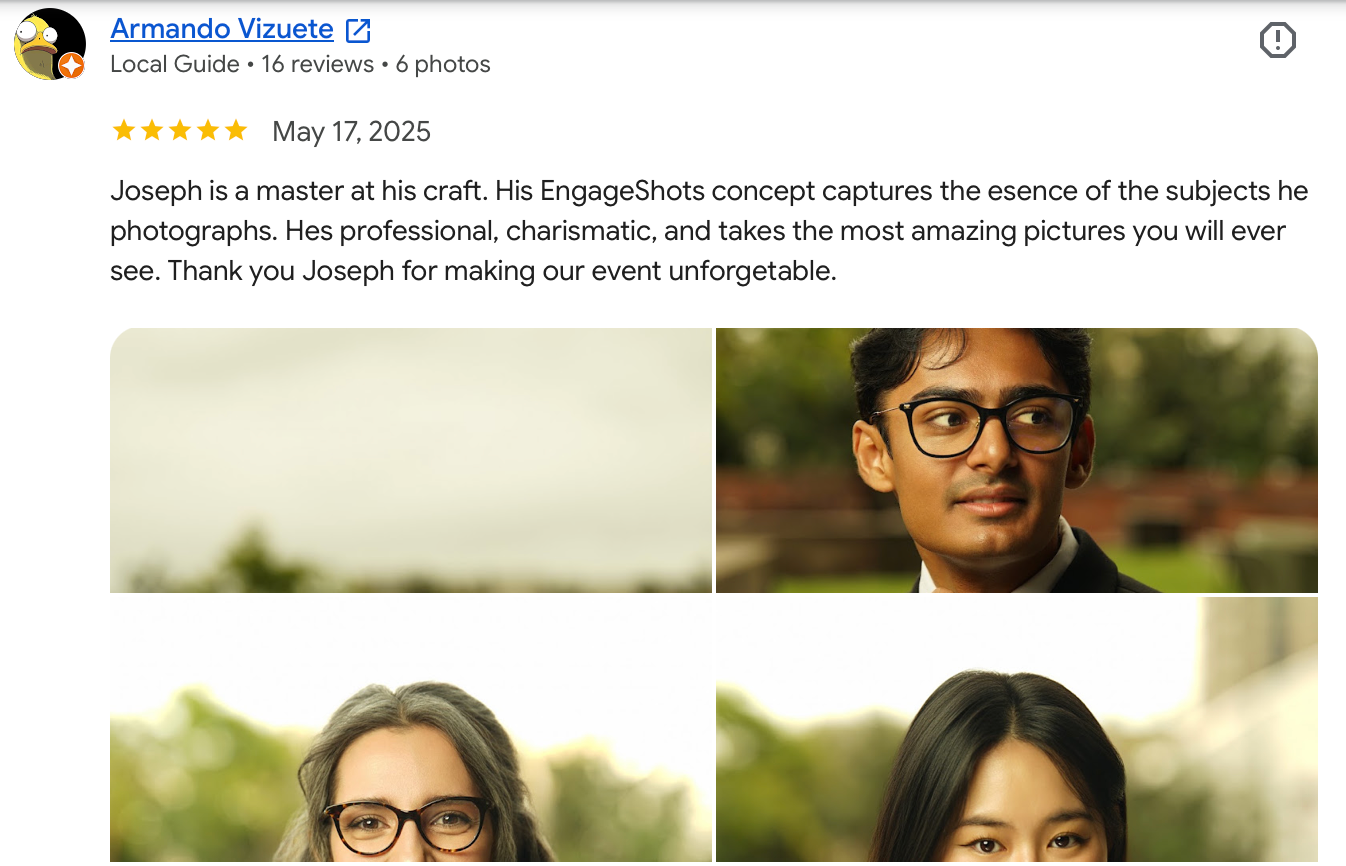 Five-star Google review praising Joseph of EngageShots photography for professional charismatic service with portrait photo of subjects.