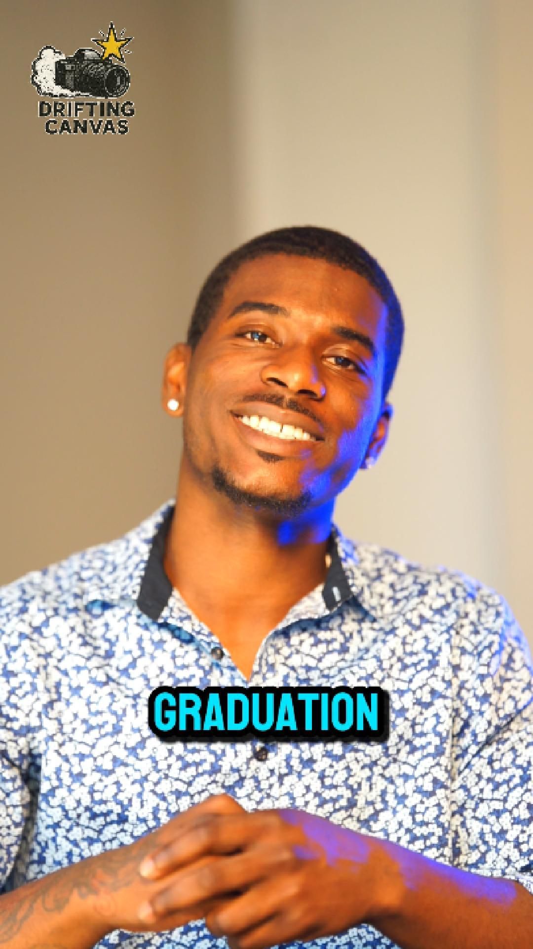 Graduation photoshoot with person in patterned shirt showing joyful expressions.