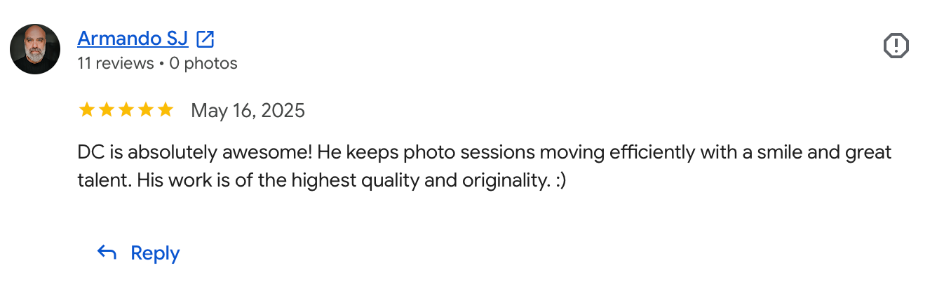 5-star Google review praising DC's photography skills, efficiency, quality, and originality from satisfied customer Armando SJ.