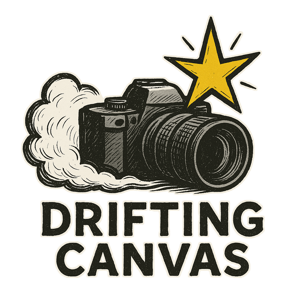Vintage style logo designs featuring camera illustrations and star motifs for Drifting Canvas brand.