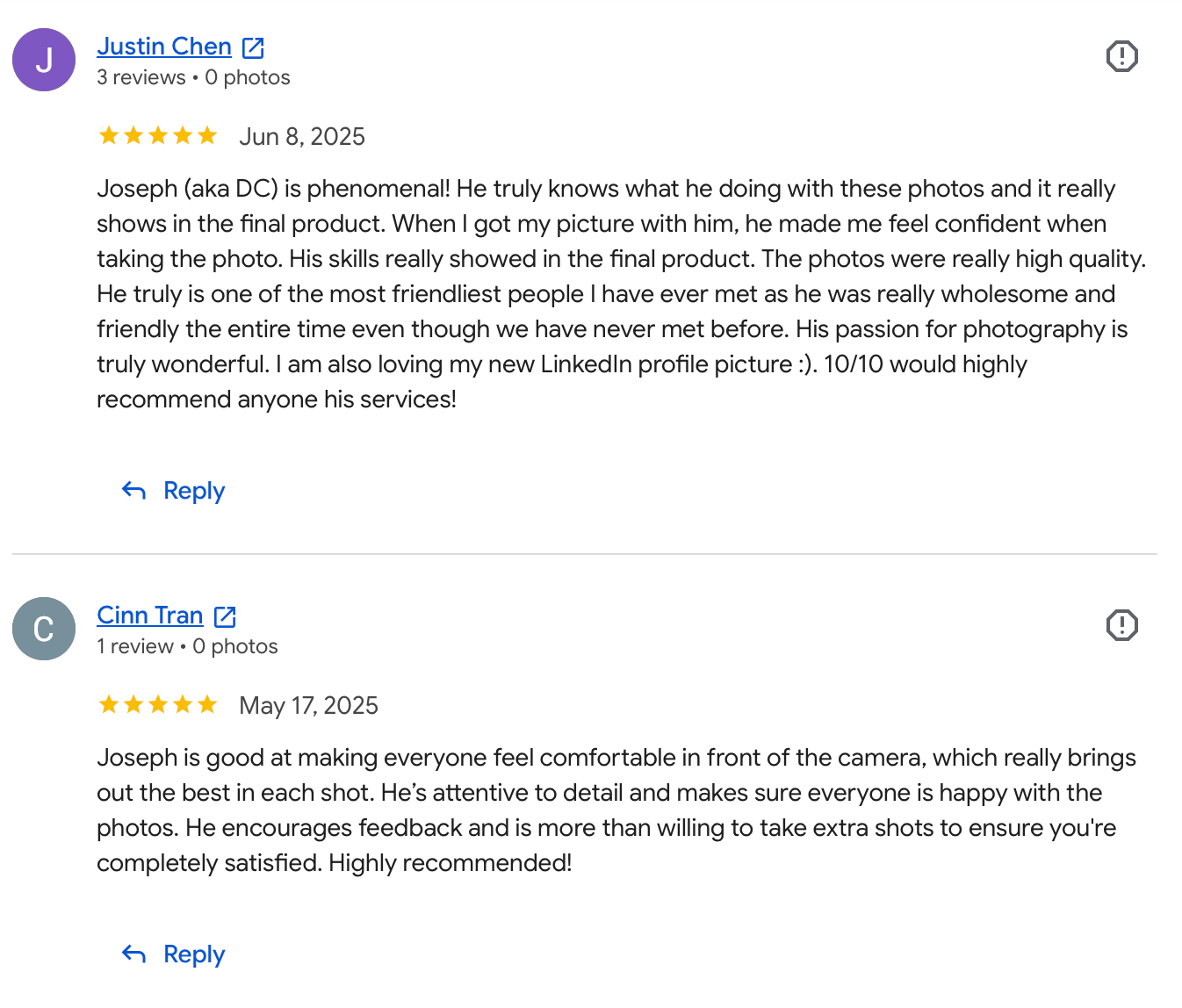Two five-star Google reviews praising photographer Joseph DC for his skill, friendliness, and ability to make clients comfortable on camera.