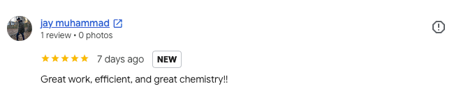 5-star Google review praising great work, efficiency, and chemistry from reviewer jav muhammad posted 7 days ago.