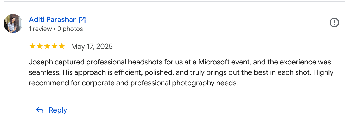 Five-star Google review praising Joseph's professional headshot photography at a Microsoft event, highlighting efficiency and polished resul