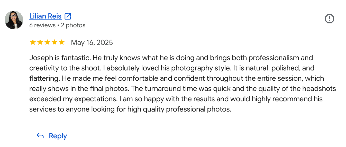 5-star Google review praising Joseph as a fantastic photographer for professional headshots with quick turnaround.