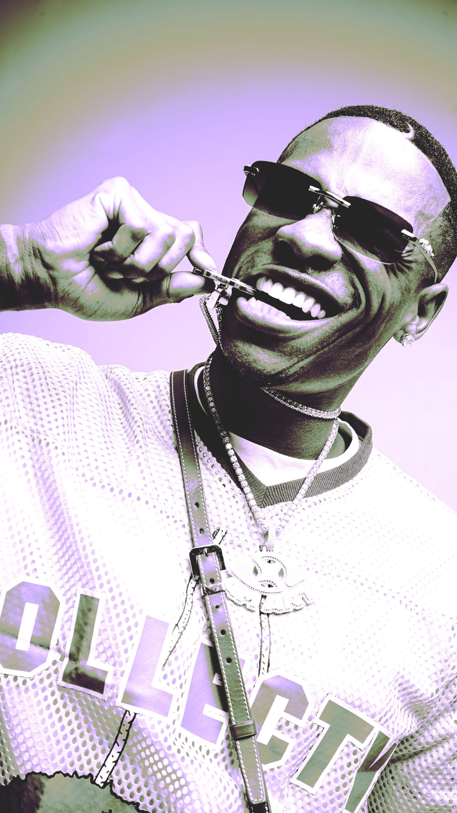 Close-up artistic portraits showing a white shirt and hat in a stylized green and purple tinted sequence.