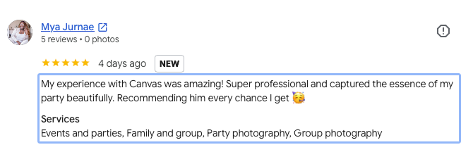 5-star Google review from Mya Jurnae praising Canvas as super professional for family and party photography.