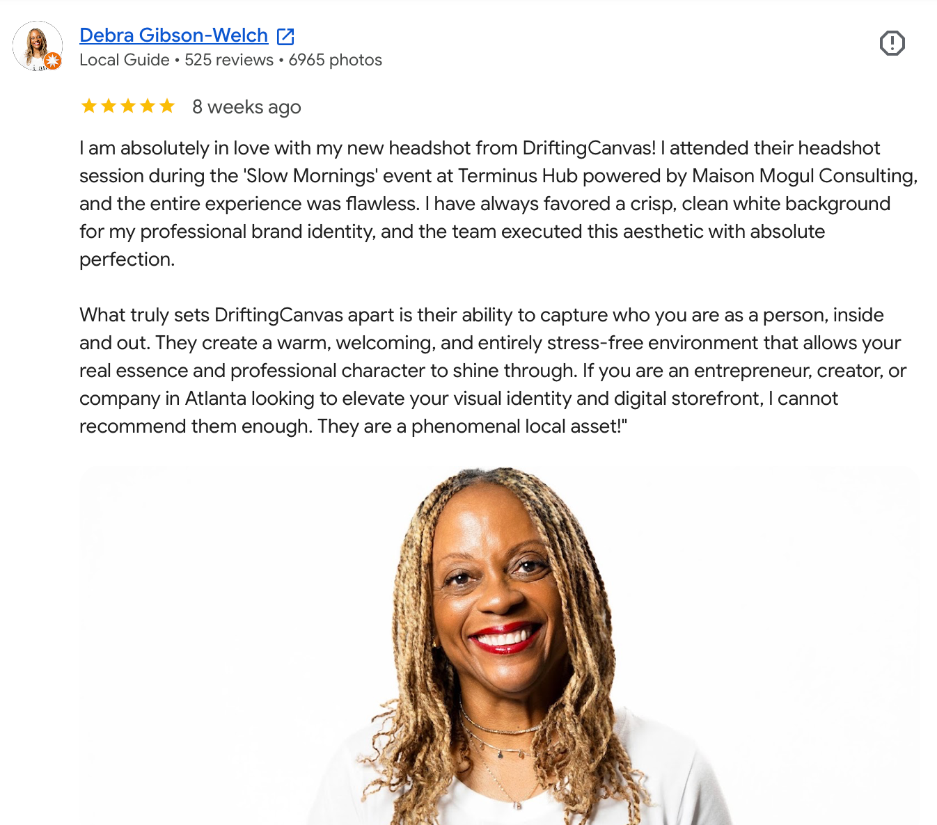 Five-star Google review with photo of smiling professional woman, praising DriftingCanvas headshot photography services in Atlanta.