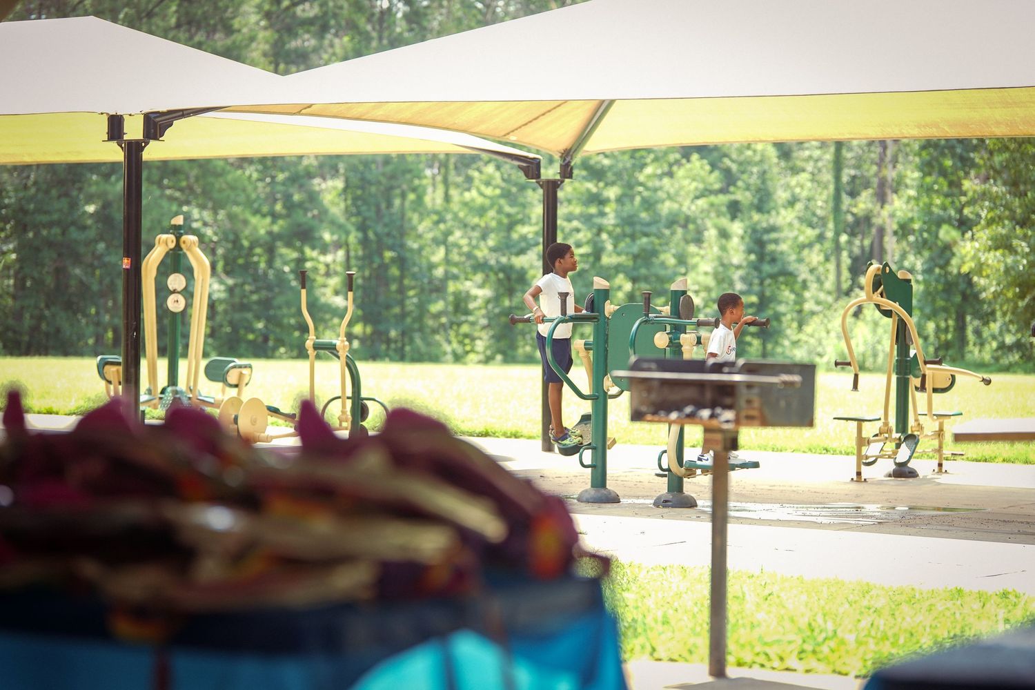 Outdoor fitness equipment station shaded by canopies in a lush green park.