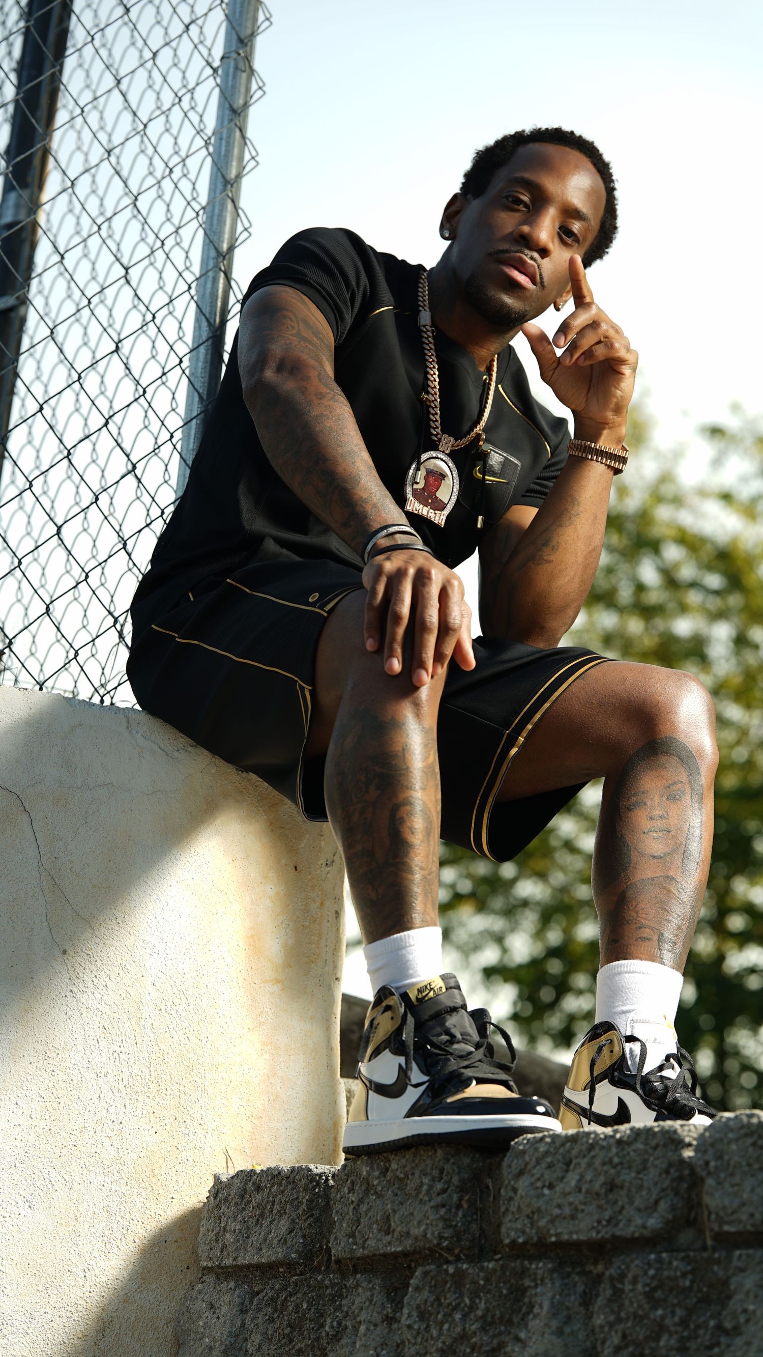 Person in black clothing sits on concrete wall wearing sneakers and jewelry in artistic triptych composition.