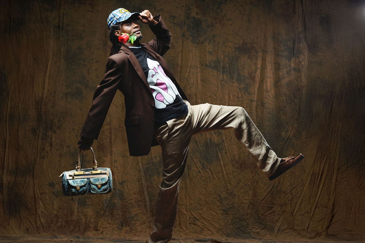 Urban fashion photography series with model in casual wear against dark brown studio backdrop.