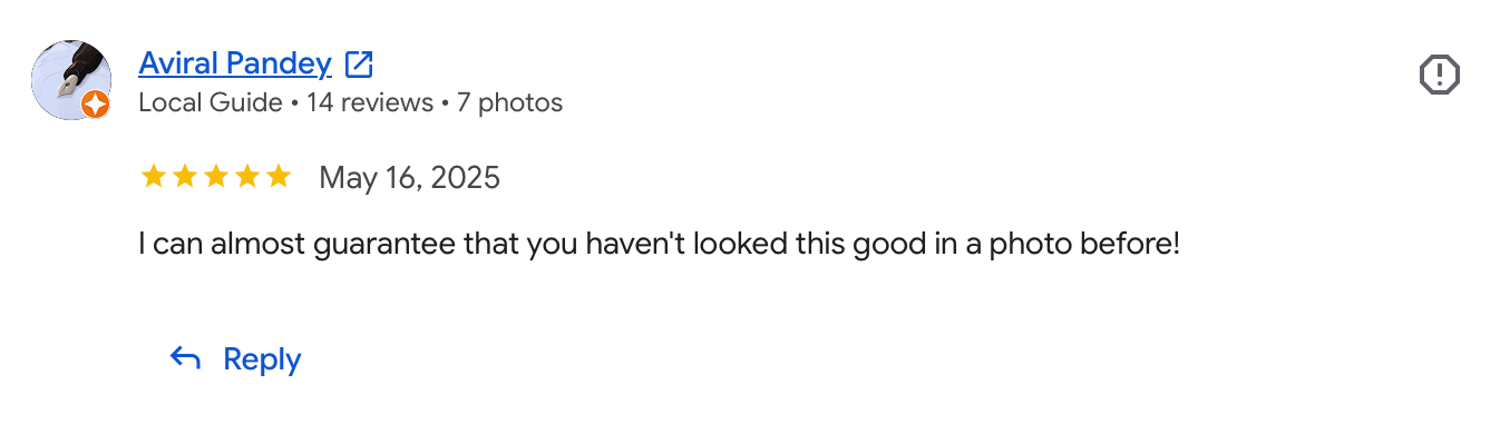 Five-star Google review from Aviral Pandey praising exceptional photo quality with a humorous guarantee statement.