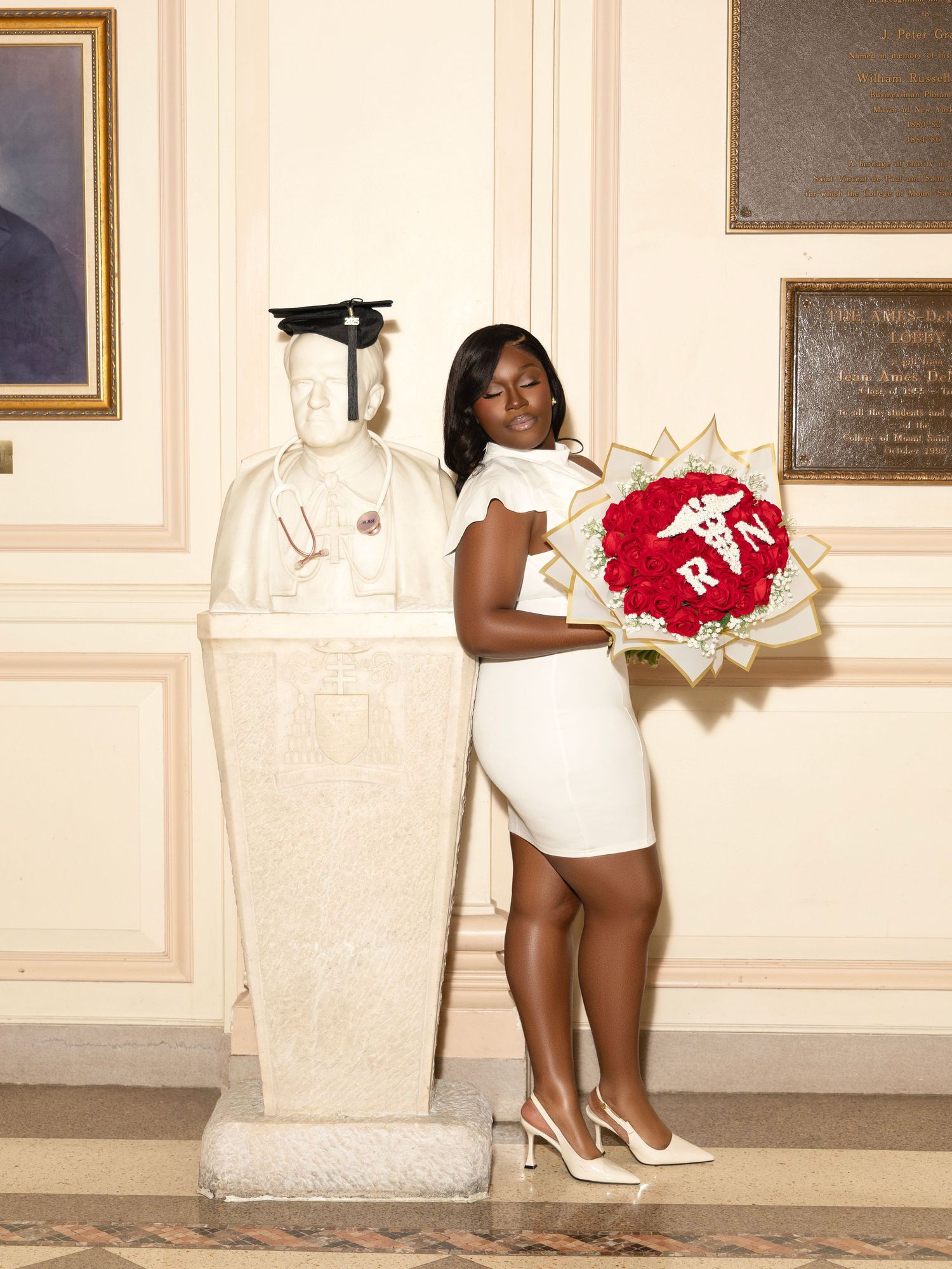 A series of four fashion photos showing someone in white and red clothing posing against a light-colored wall.