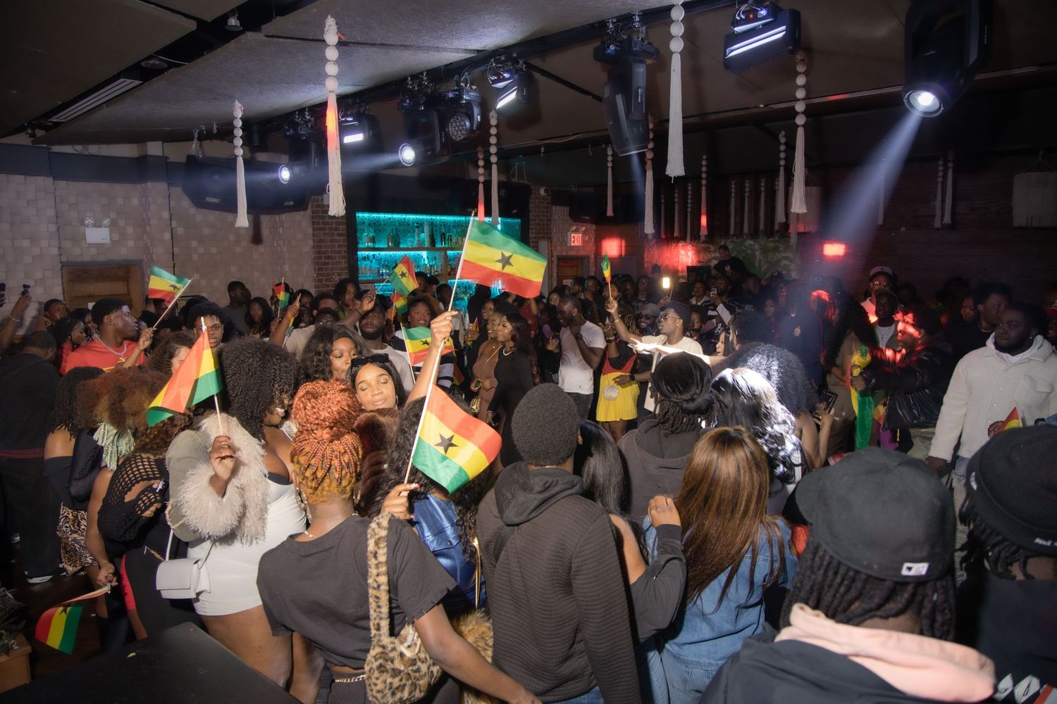 Energetic crowd waving flags and dancing at a nightclub party with colorful lighting effects.