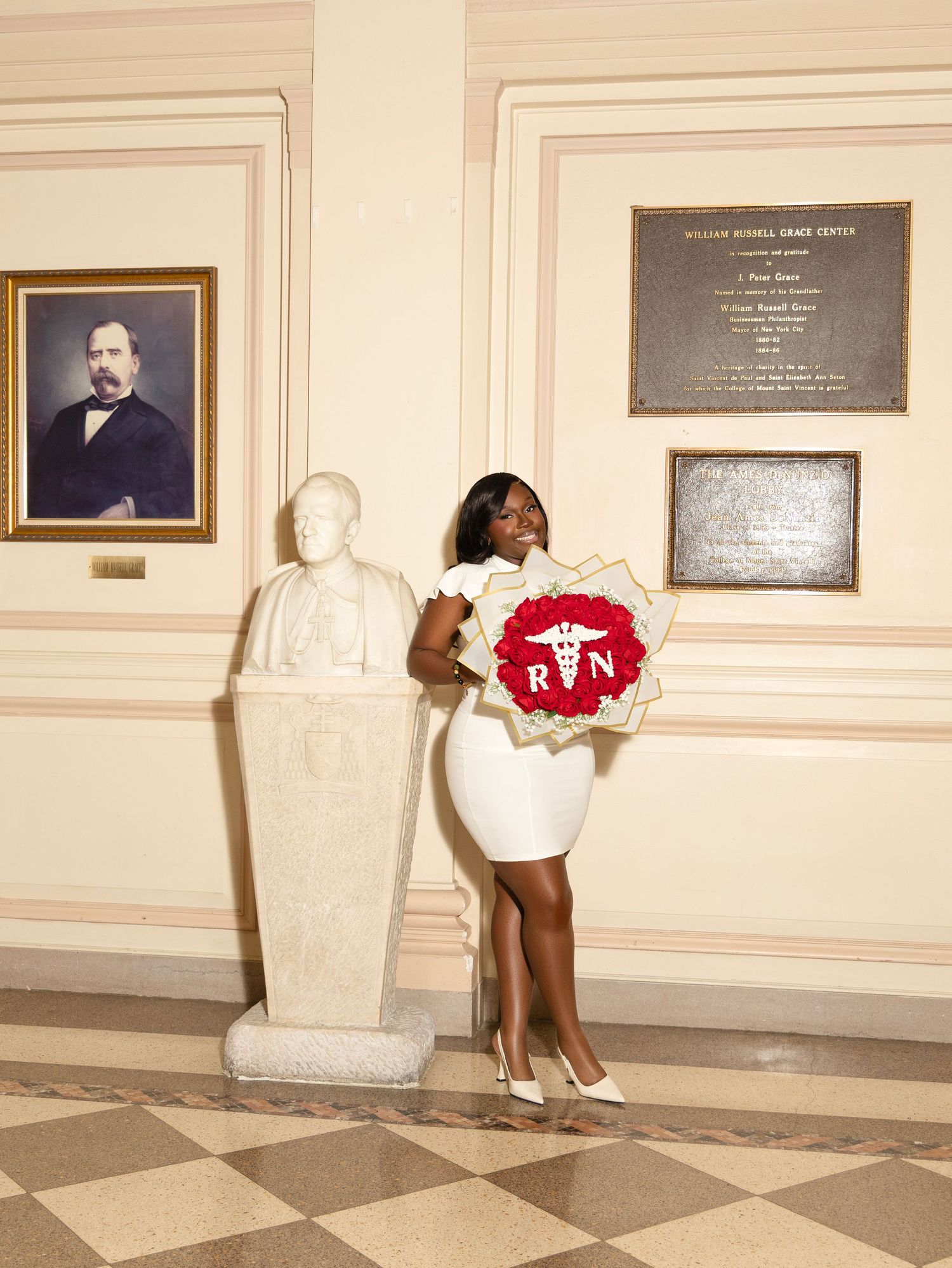 A sequence of images shows someone in red shorts examining memorial plaques mounted on a beige interior wall.