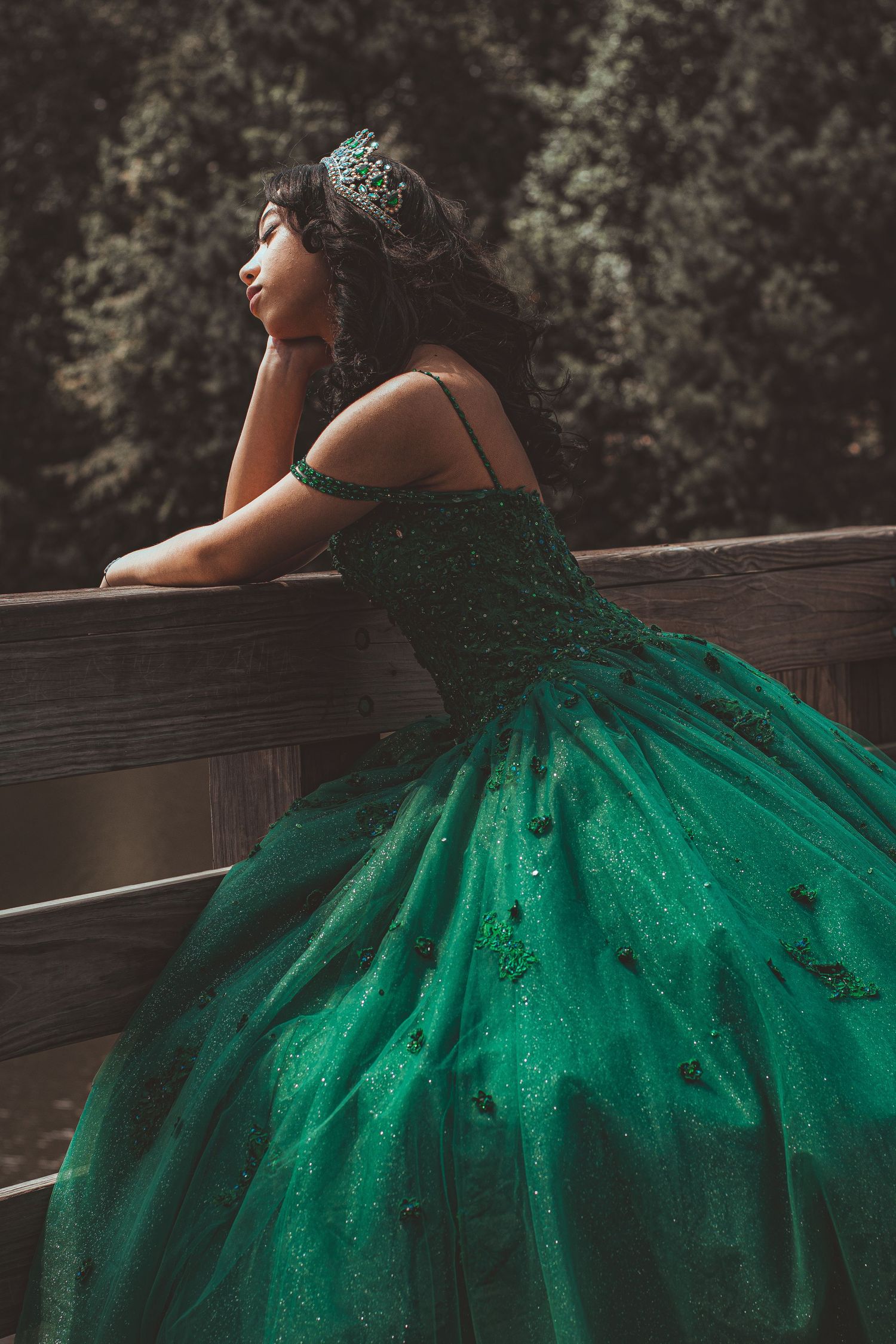 A dramatic side view of an emerald green ball gown with glitter detail against wooden railings.
