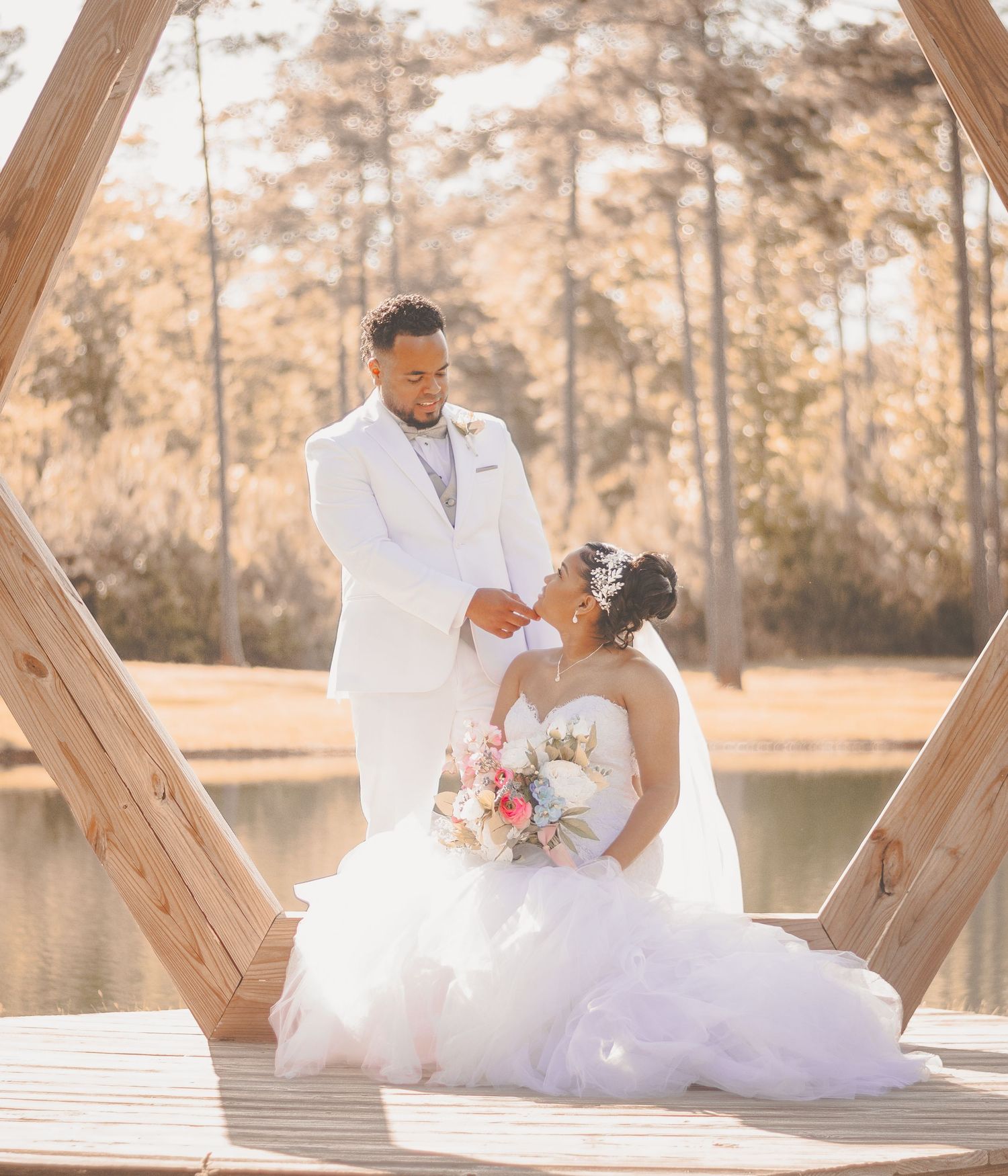 A romantic outdoor wedding photoshoot captured with multiple poses at a wooden gazebo during golden hour.