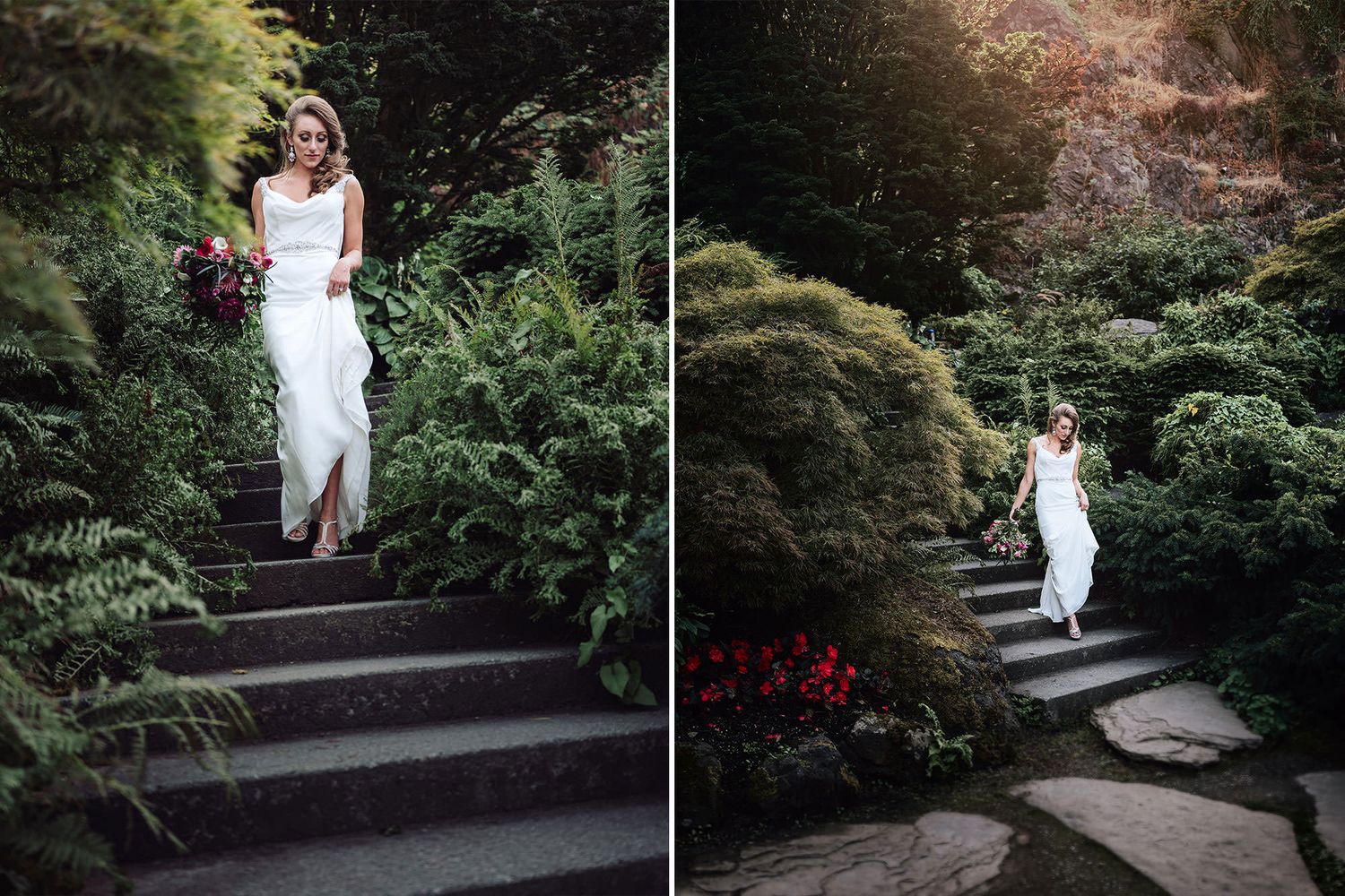A bride in a flowing wedding dress descends a stone staircase while holding a bouquet of roses.