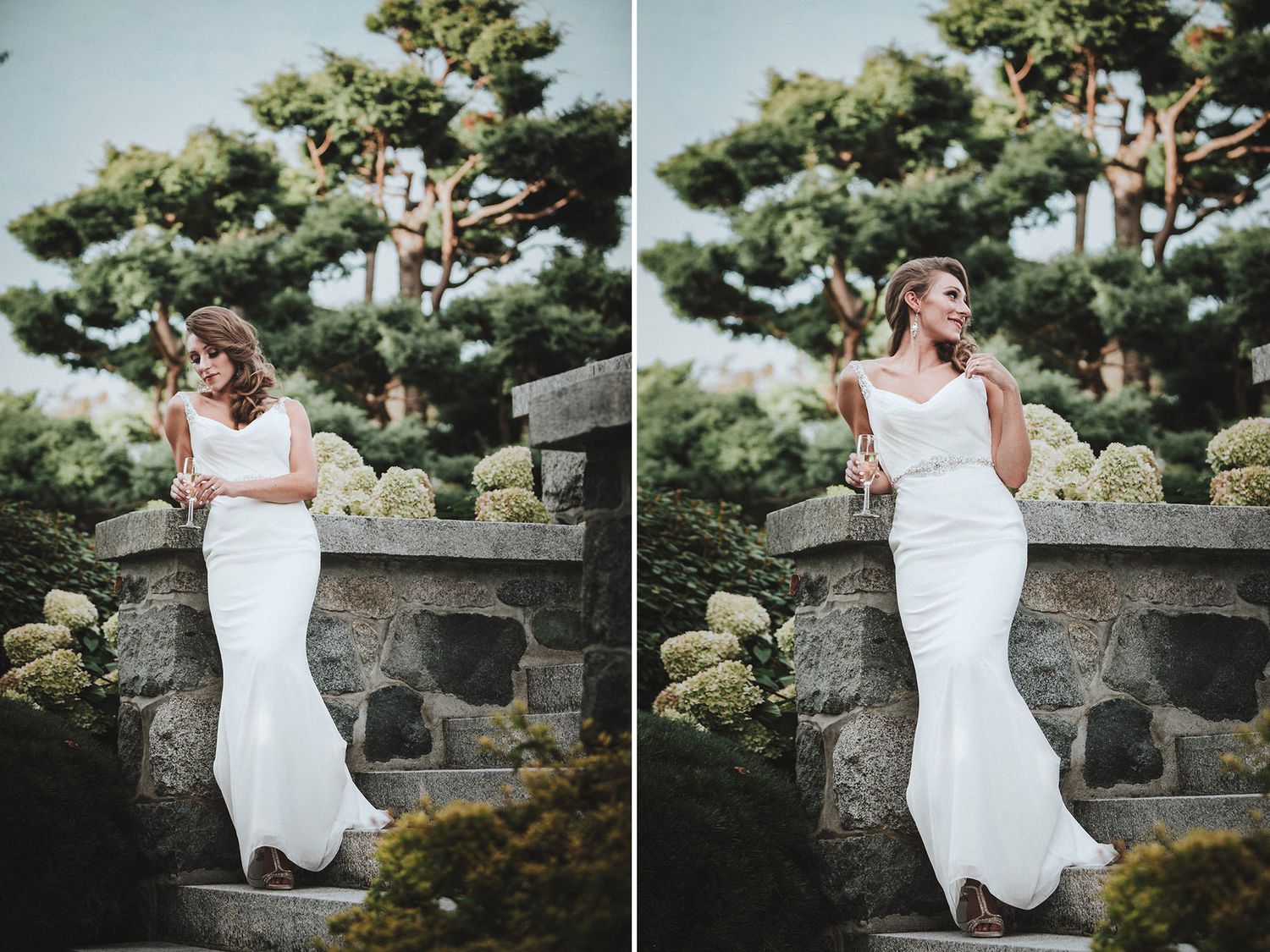 A sequence of photos shows a bride in a white dress leaning on a stone wall while holding a champagne glass.