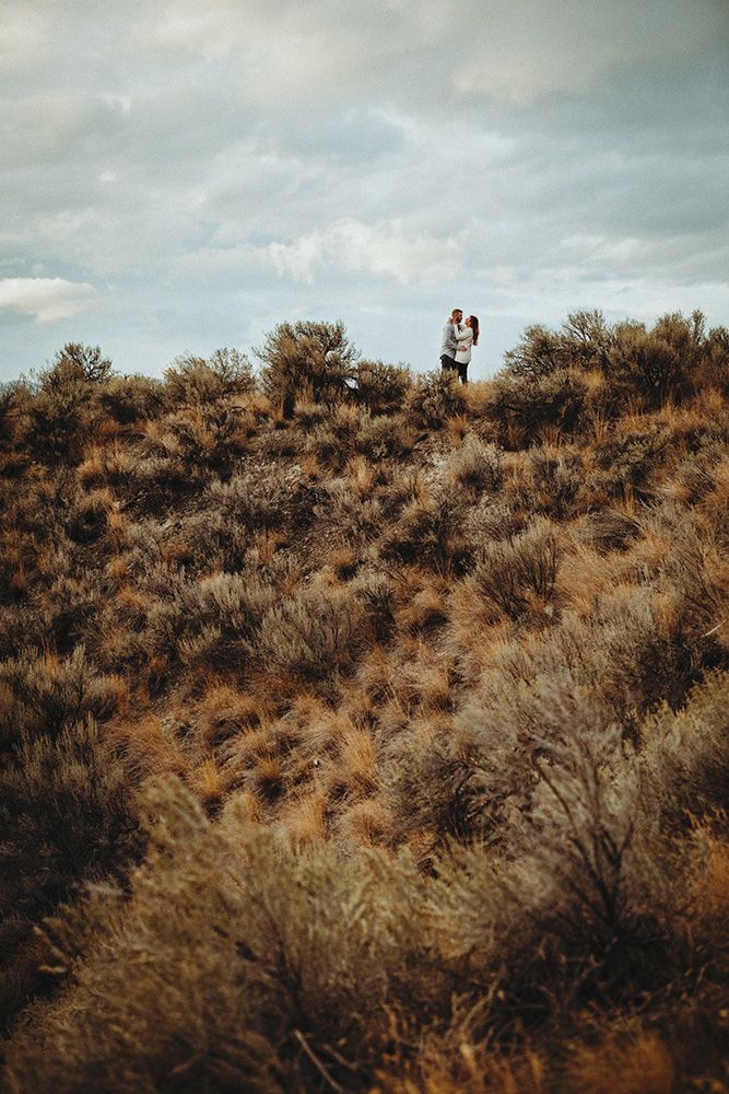 A silhouetted couple stand on a desert hillside covered in golden sagebrush under a cloudy sky at dusk.