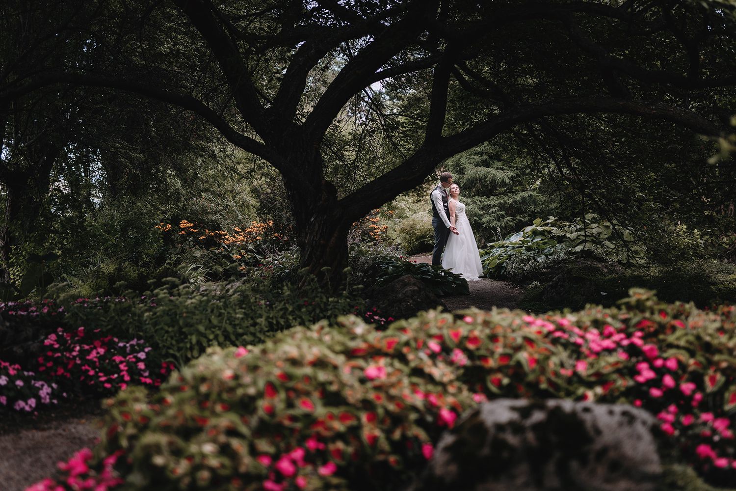 A scenic garden path lined with vibrant pink azaleas and tall trees creates a peaceful walkway at the end of which a bride and groom kiss.