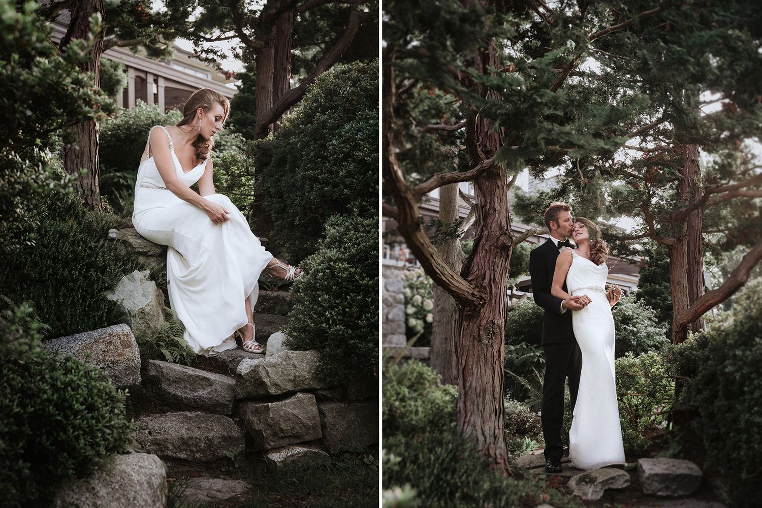 A romantic wedding photo session in a forest setting with a couple posing among tall evergreen trees.
