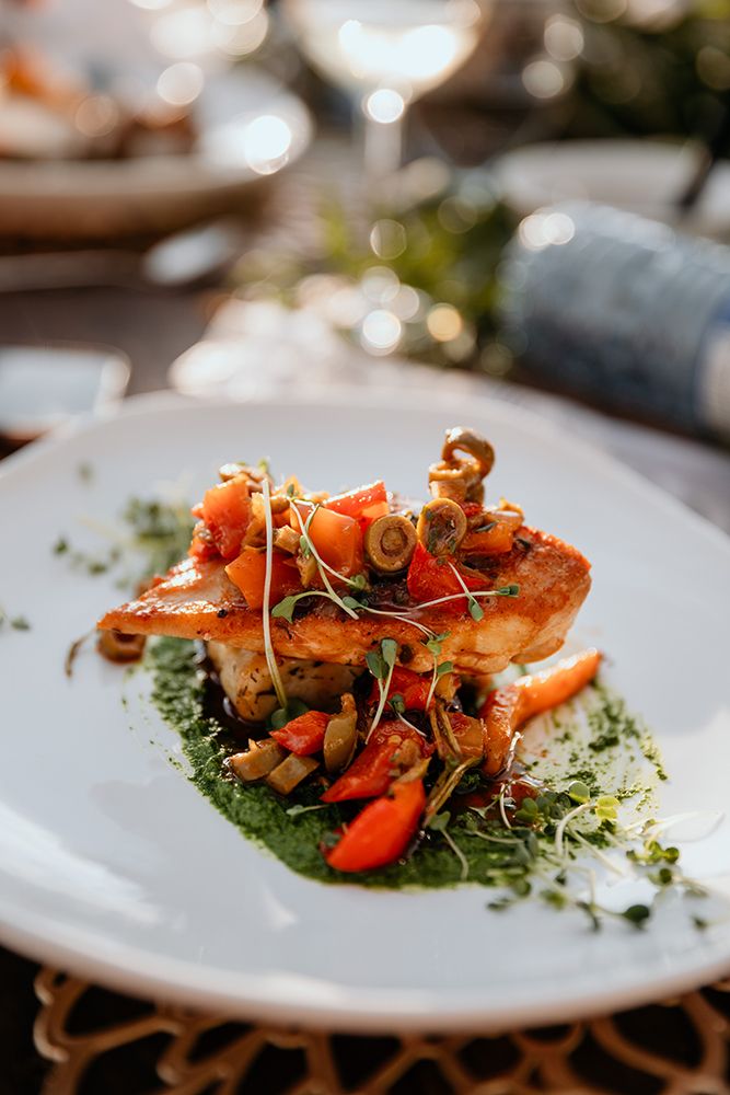 Elegant plated seafood dish with microgreens and sauce served on white plates at a fine dining wedding reception.