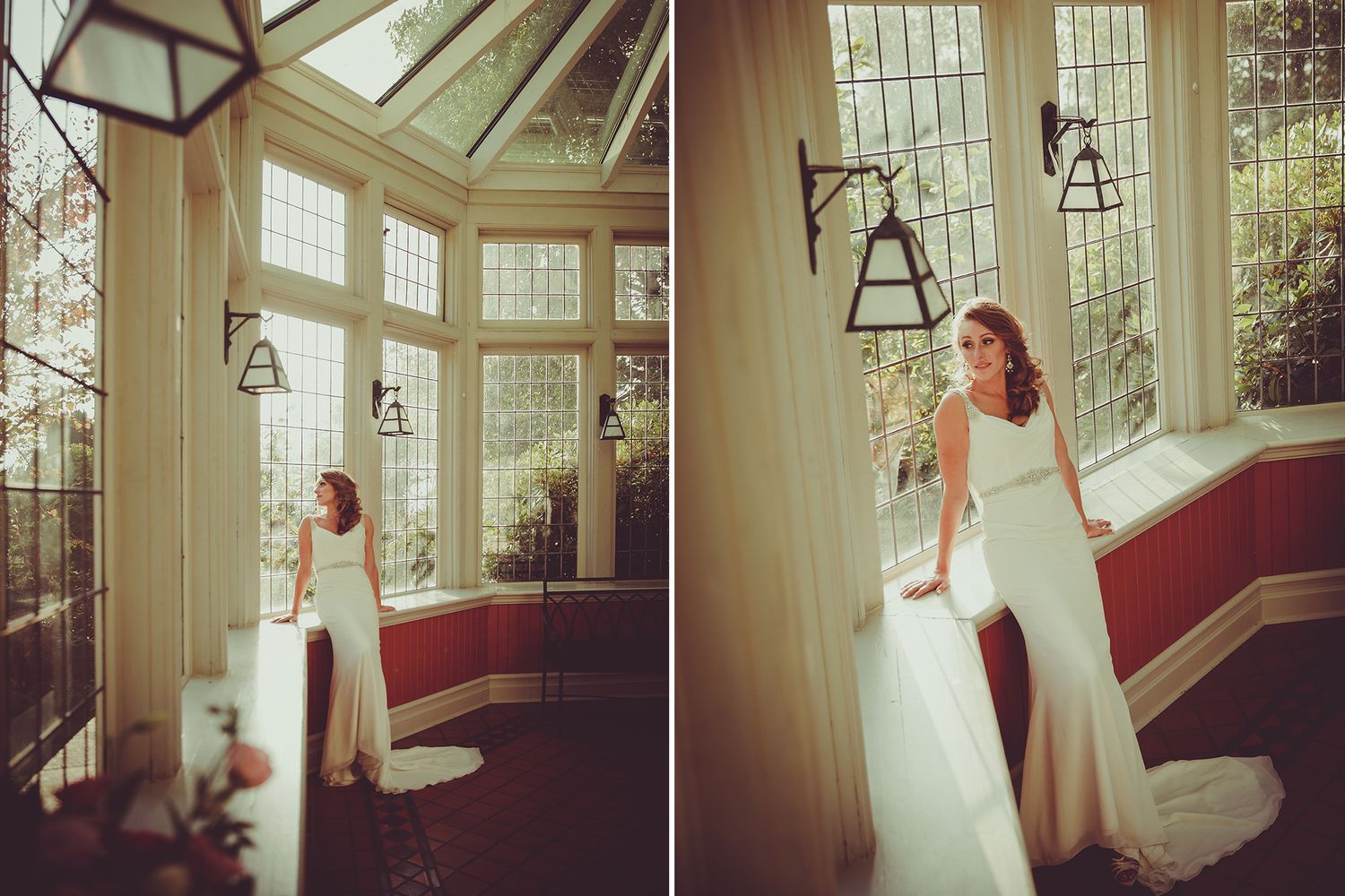 A series of ethereal bridal portraits showing a flowing white wedding dress against sunlit windows in an elegant interior.